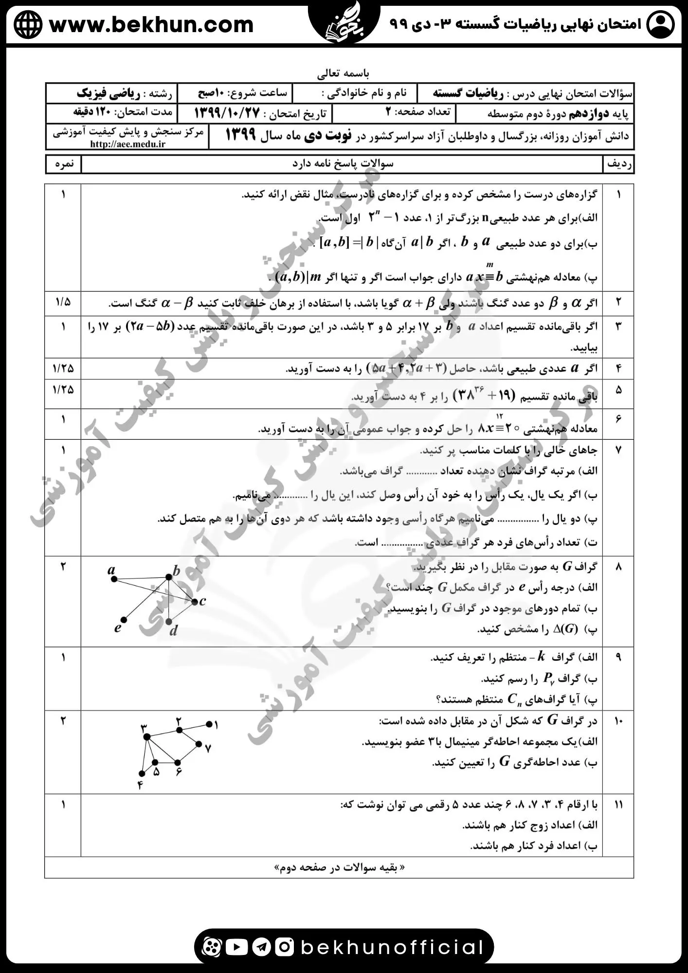 نمونه سوالات نهایی ریاضیات گسسته دوازدهم با جواب 96 نمونه سوال ریاضیات گسسته پایه دوازدهم دی 99