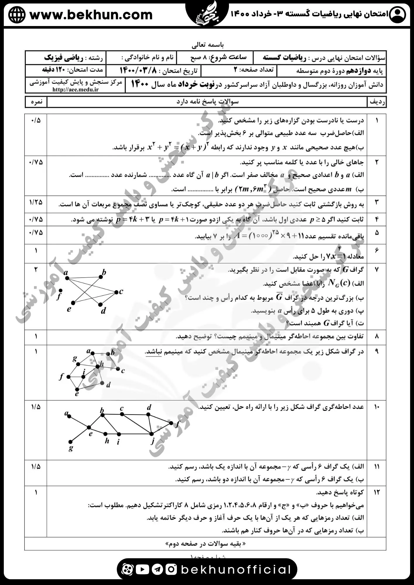 نمونه سوالات نهایی ریاضیات گسسته دوازدهم با جواب 75 سوالات نهایی گسسته دوازدهم 1400 خرداد