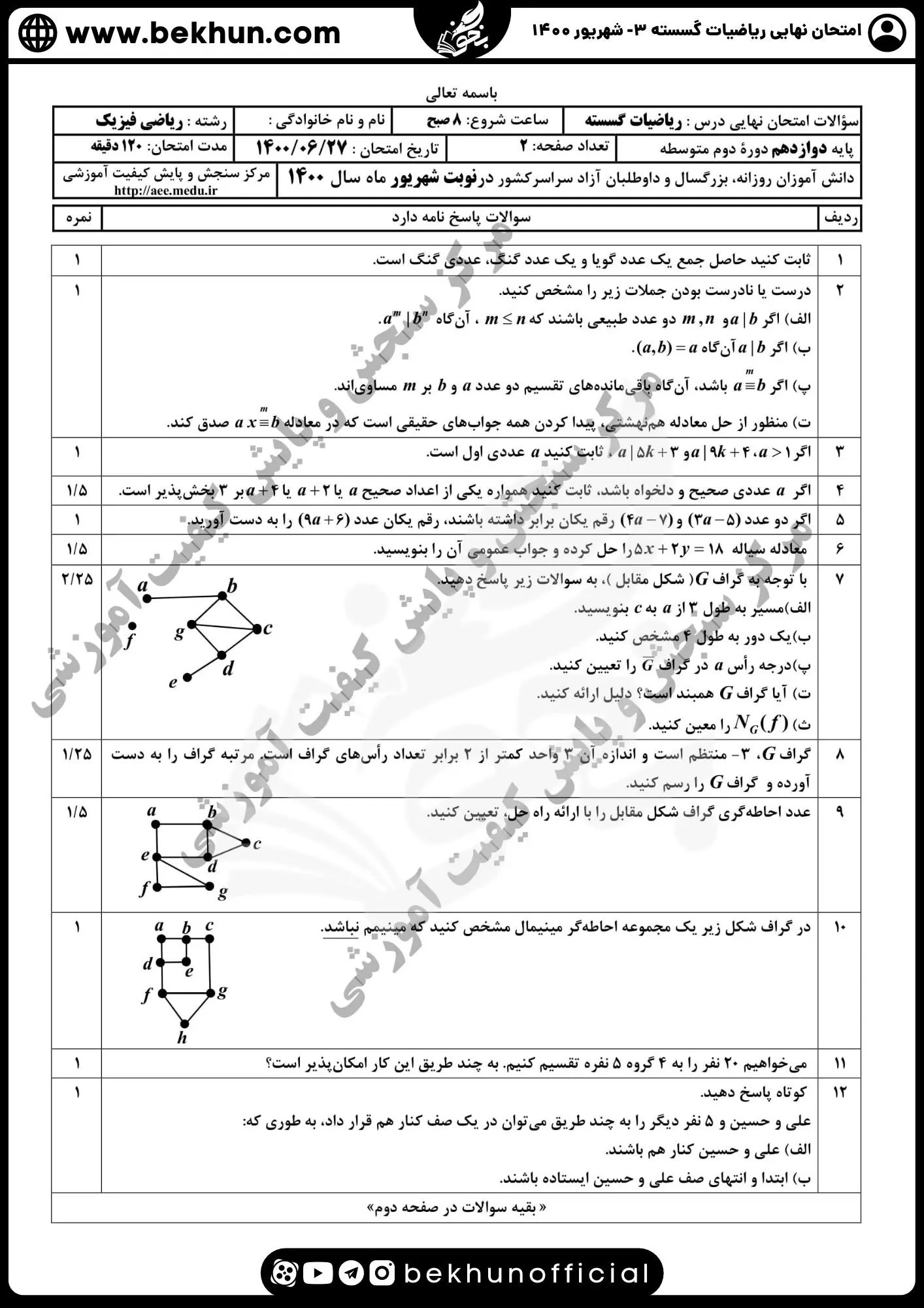 نمونه سوالات نهایی ریاضیات گسسته دوازدهم با جواب 79 سوالات نهایی گسسته دوازدهم ۱۴۰۰ شهریور