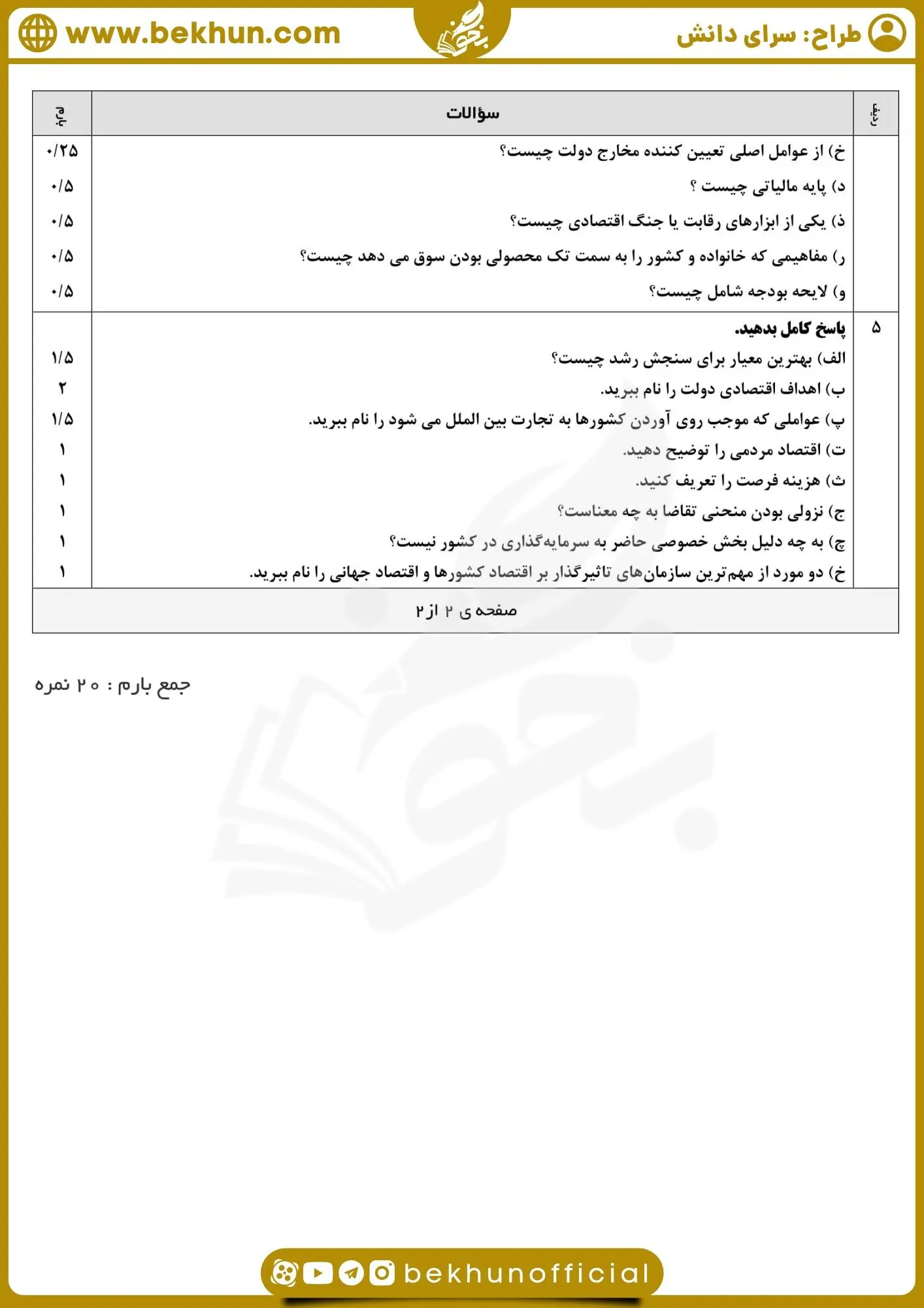نمونه سوالات اقتصاد دهم انسانی خرداد