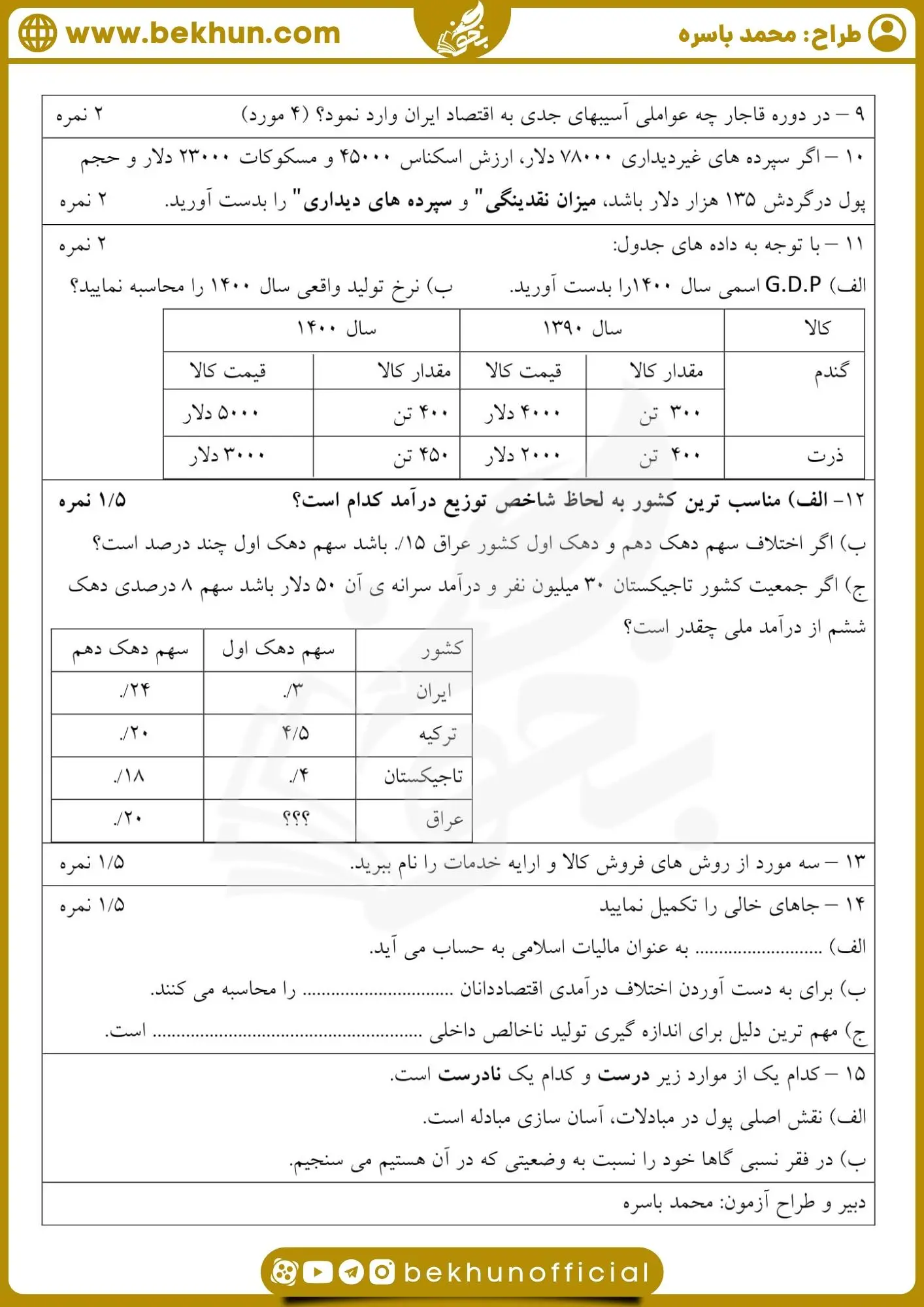 نمونه سوال نوبت دوم اقتصاددهم انسانی 