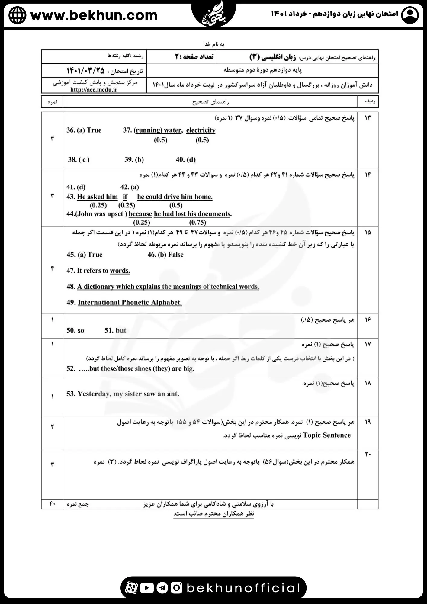 نمونه سوالات امتحان نهایی زبان دوازدهم با جواب 162 پاسخنامه نمونه سوال زبان دوازدهم خرداد 1401