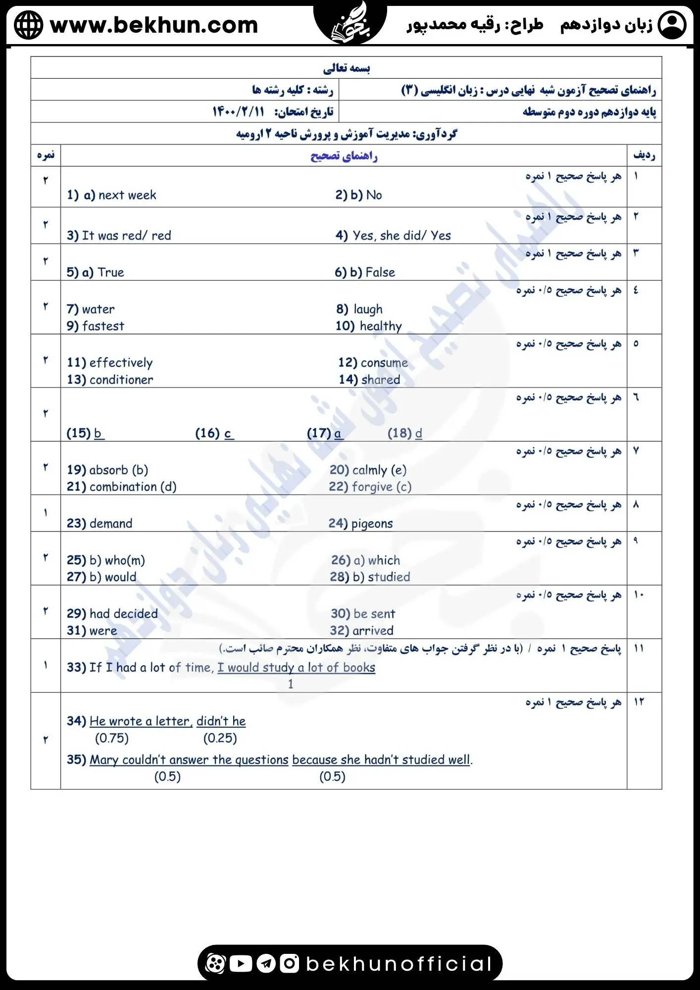 نمونه سوالات امتحان نهایی زبان دوازدهم با جواب 136 جواب نمونه سوال امتحان ترم دوم زبان دوازدهم