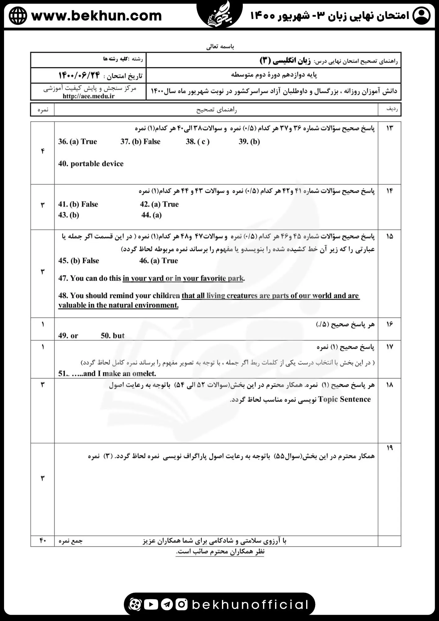 نمونه سوالات امتحان نهایی زبان دوازدهم با جواب 183 پاسخنامه سوالات امتحان نهایی زبان انگلیسی دوازدهم شهریور 1400