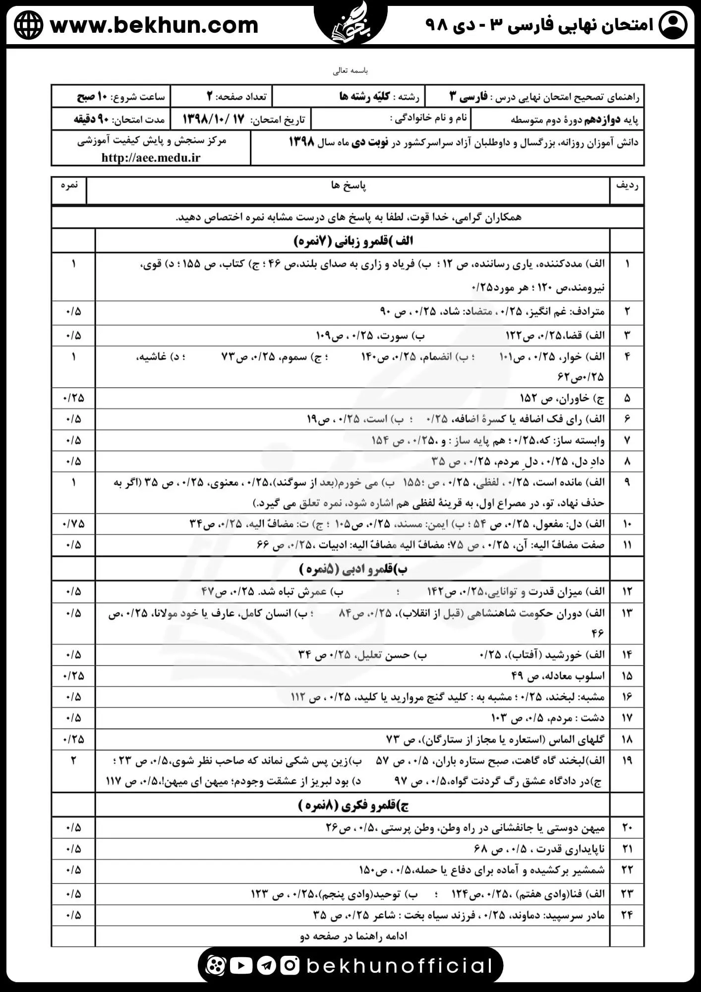 نمونه سوالات نهایی فارسی دوازدهم با جواب 161 پاسخ نمونه سوال امتحان نهایی فارسی دوازدهم دی ماه ۹۸