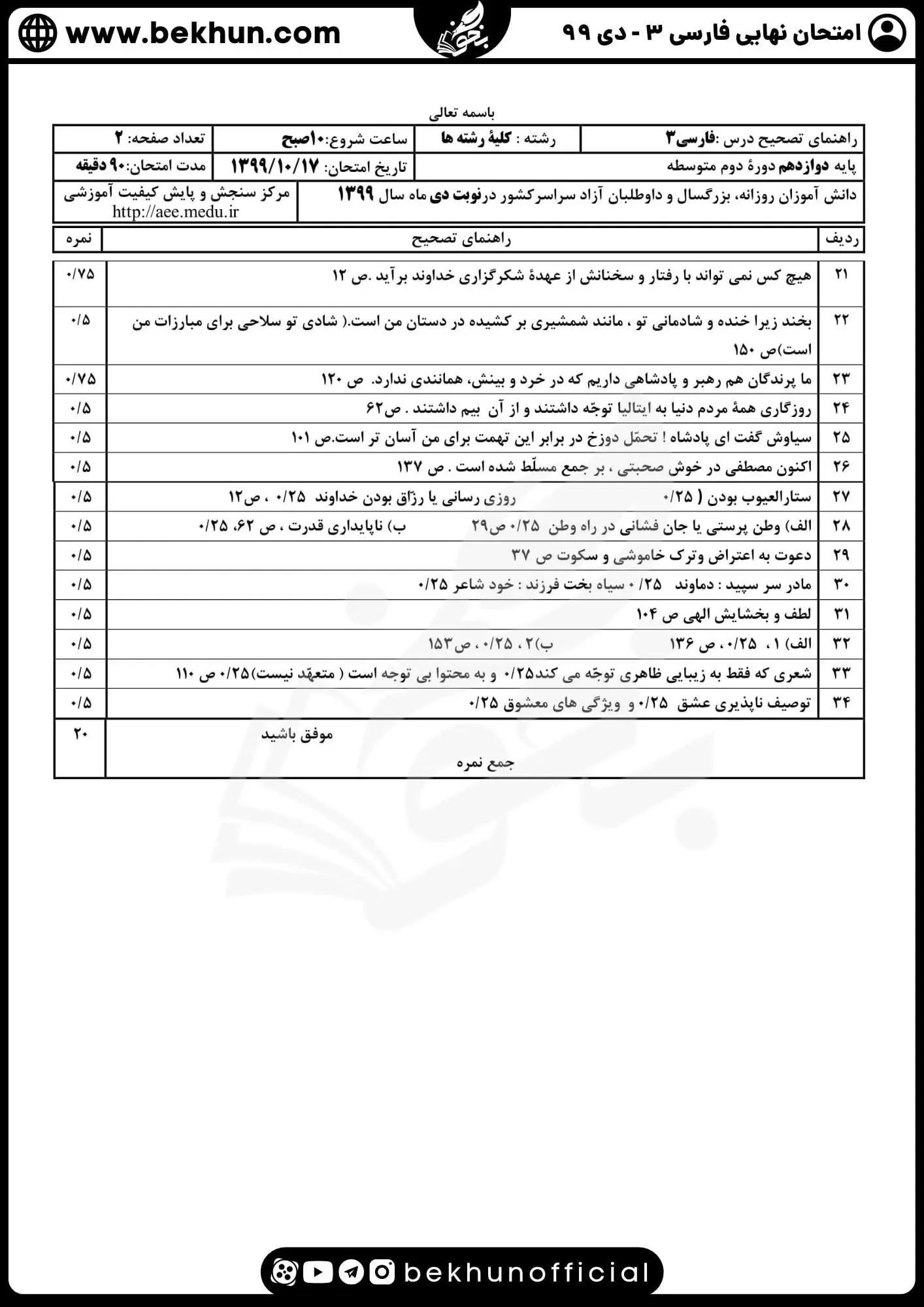 نمونه سوالات نهایی فارسی دوازدهم با جواب 146 نمونه سوالات نهایی فارسی دوازدهم دی ماه 99 با جواب