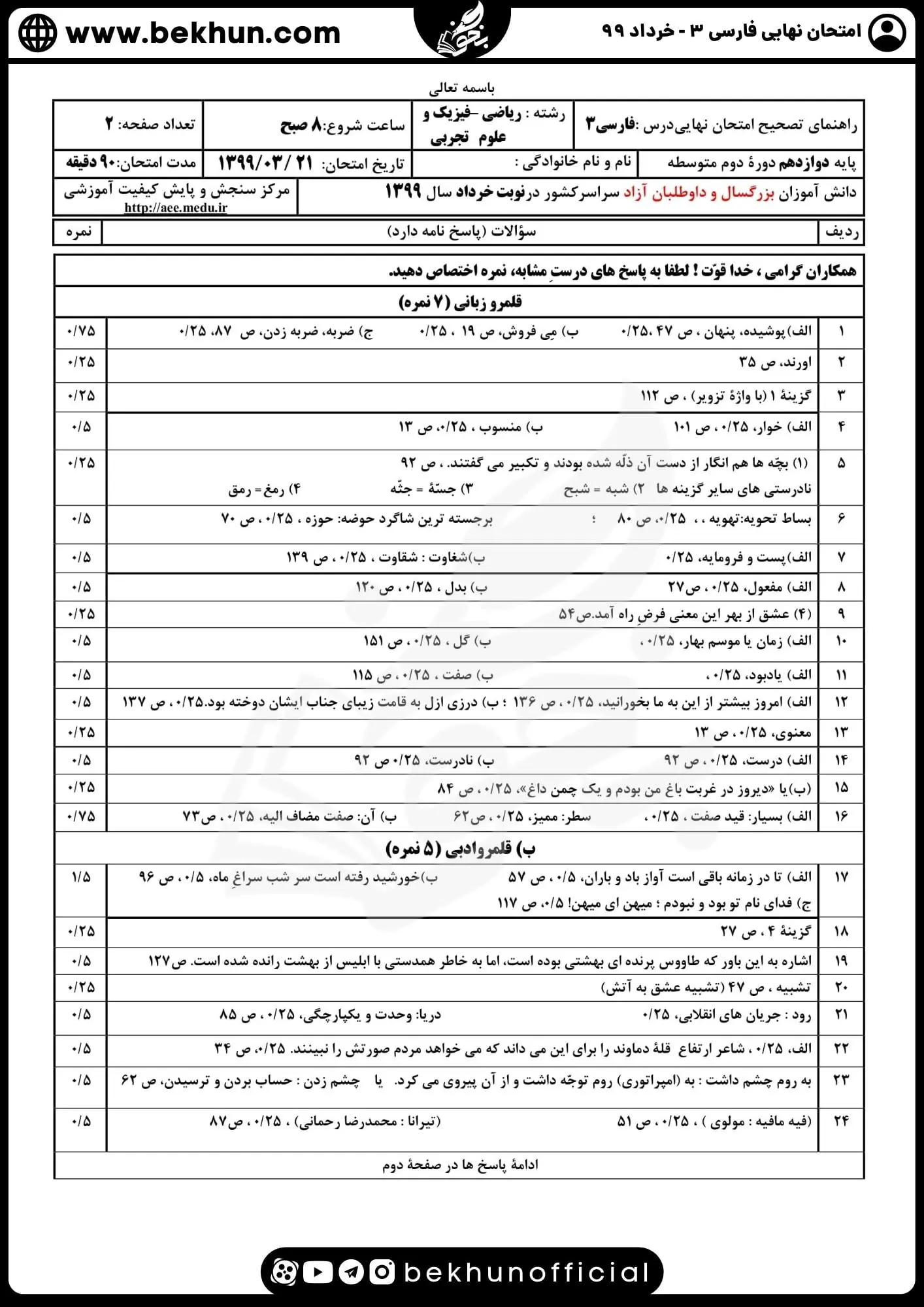 نمونه سوالات نهایی فارسی دوازدهم با جواب 135 جواب نمونه سوالات نهایی فارسی دوازدهم سال ۹۹ خرداد ماه