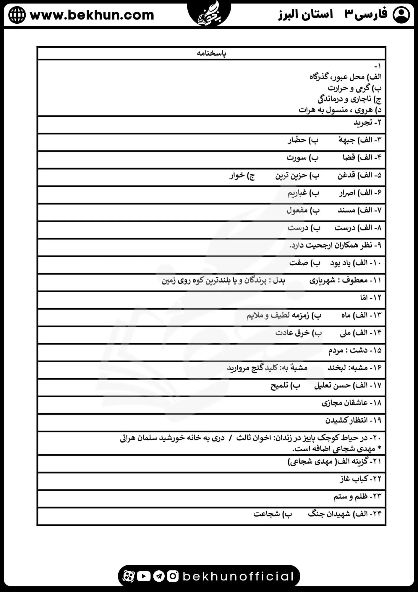 نمونه سوالات نهایی فارسی دوازدهم با جواب 92 جواب نمونه سوالات امتحان فارسی دوازدهم نوبت دوم