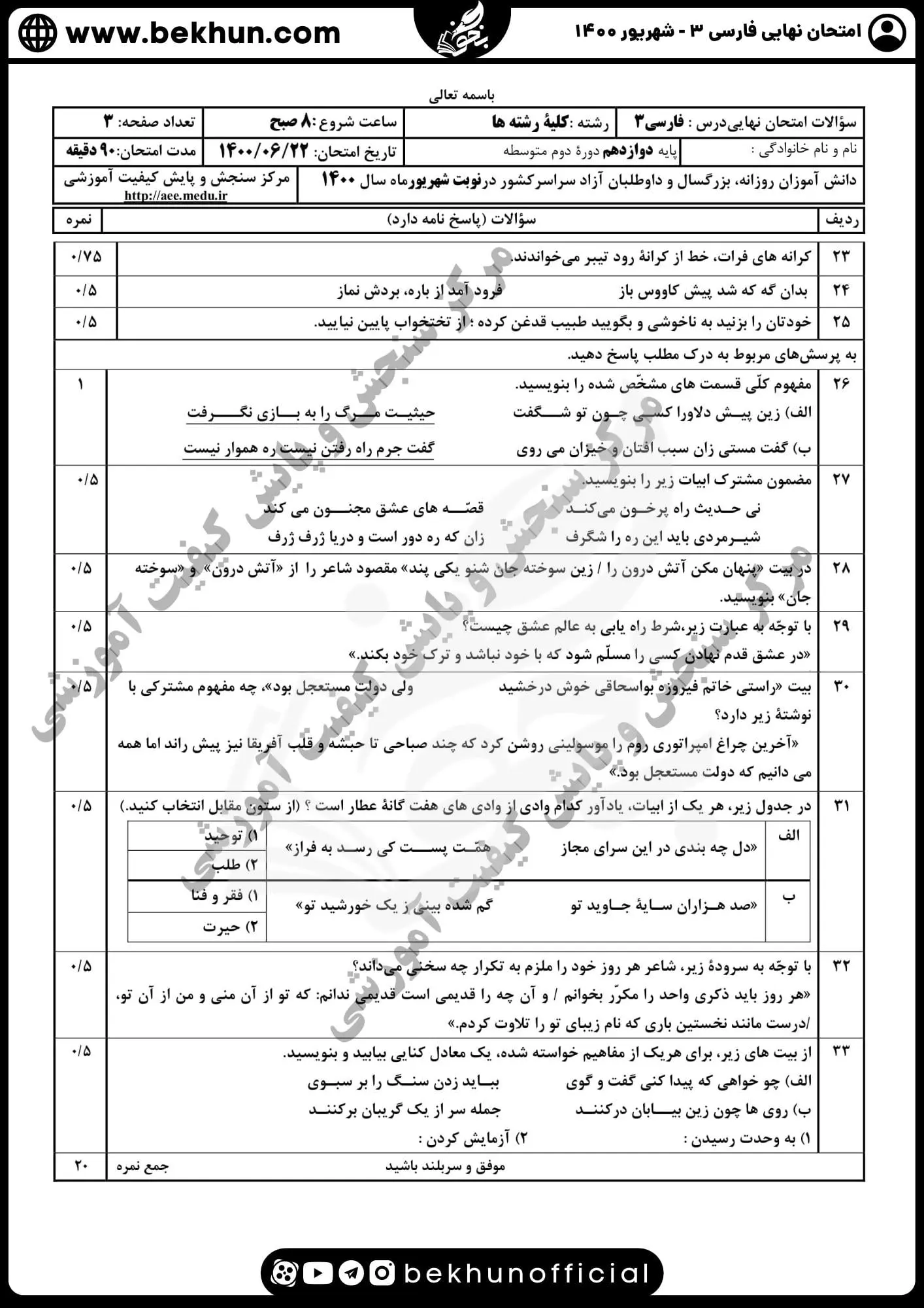نمونه سوالات نهایی فارسی دوازدهم با جواب 123 نمونه سوالات امتحان نهایی فارسی دوازدهم شهریور 1400
