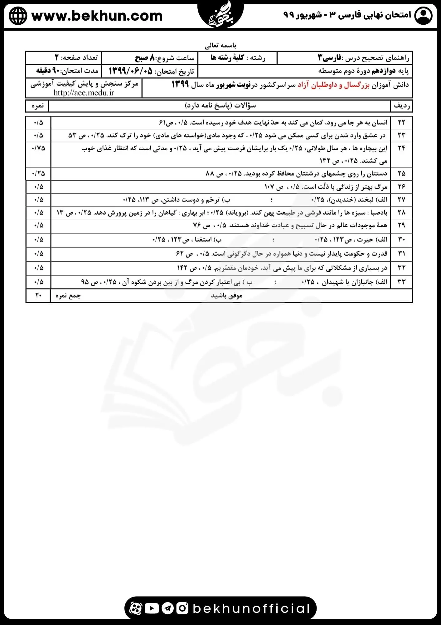 نمونه سوالات نهایی فارسی دوازدهم با جواب 141 جواب سوالات امتحان نهایی فارسی دوازدهم شهریور ماه 99