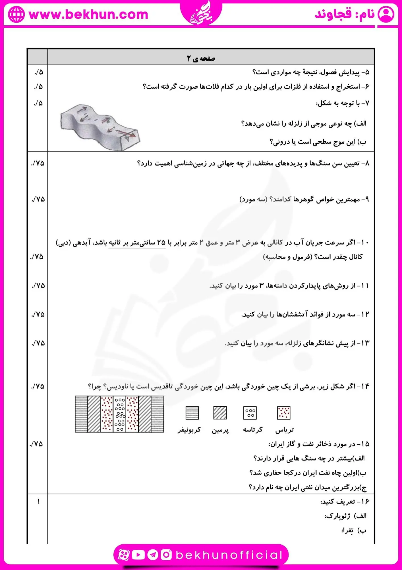 دانلود نمونه سوالات خرداد زمین شناسی یازدهم با جواب