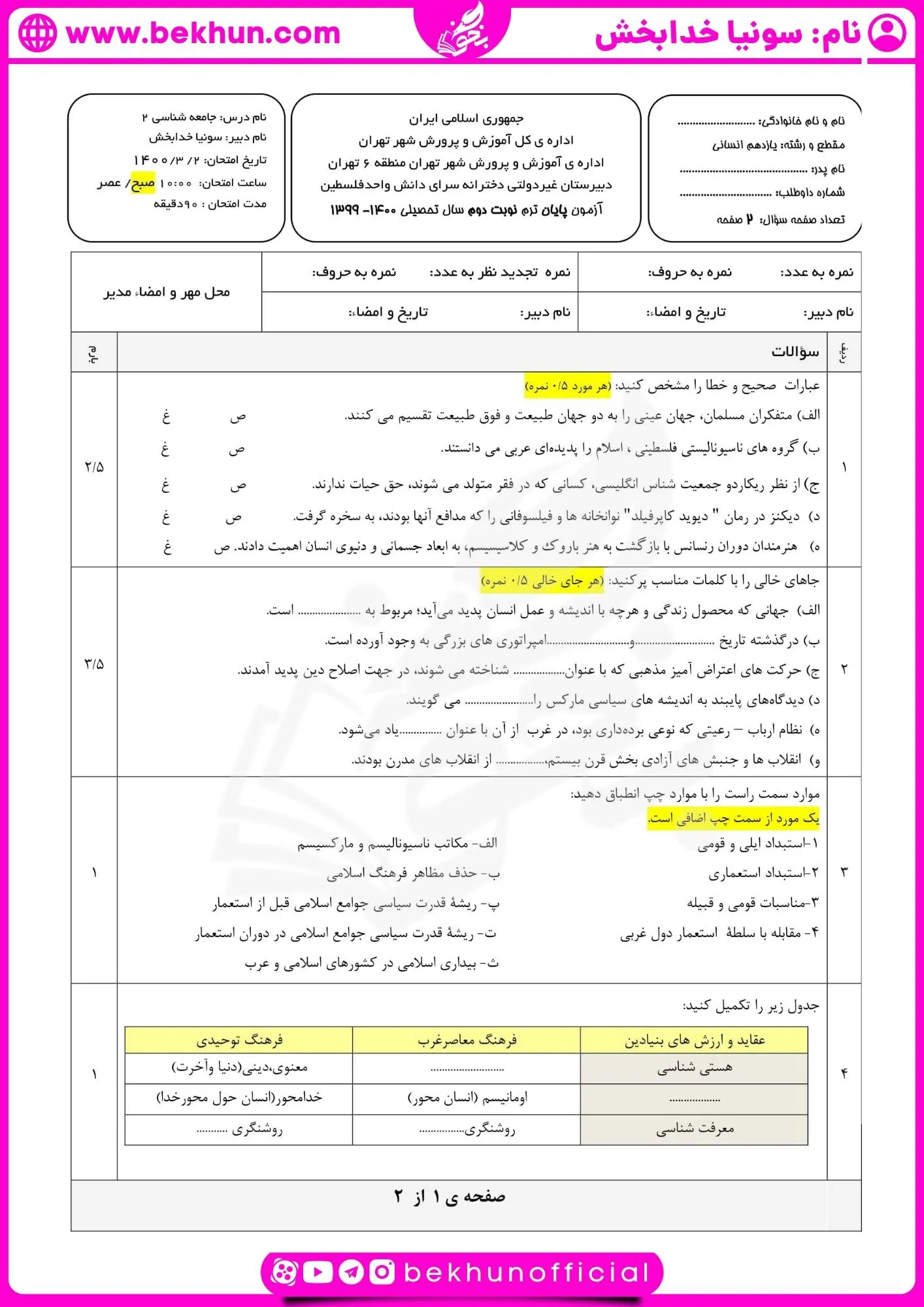 دانلود نمونه سوالات خرداد جامعه شناسی یازدهم با جواب