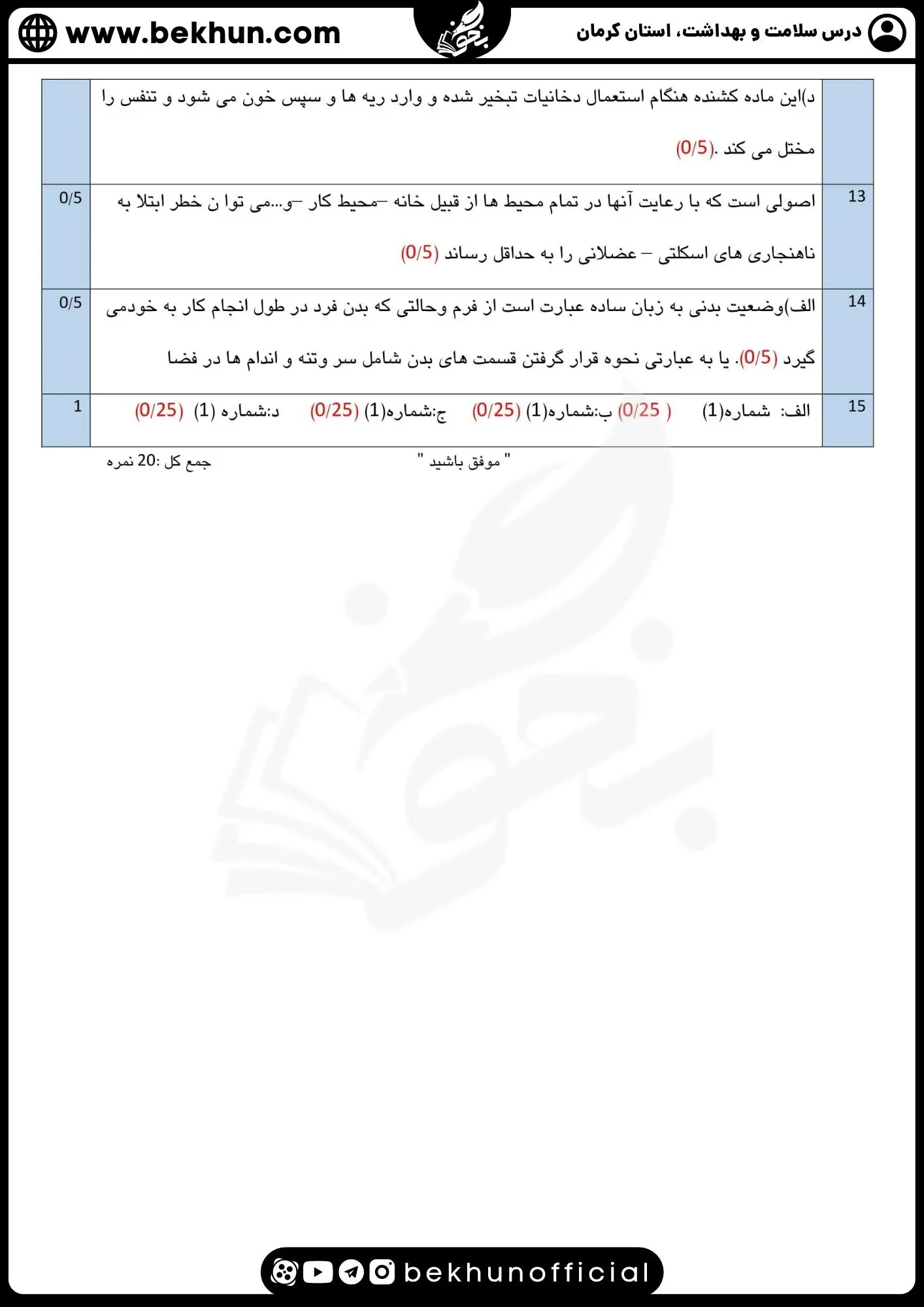 دانلود جواب نمونه سوالات شبیه نهایی سلامت و بهداشت 3