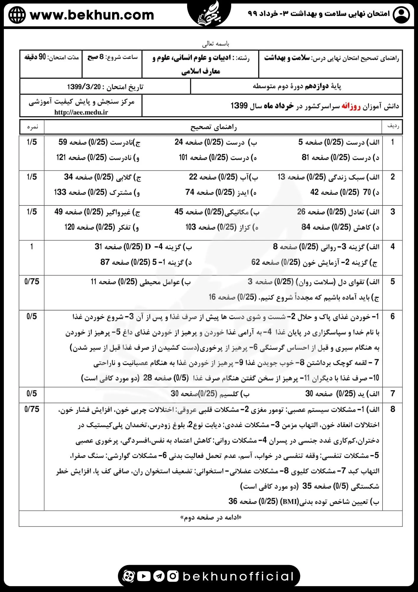 دانلود نمونه سوالات سلامت و بهداشت دوازدهم انسانی خرداد ۹۹ با جواب