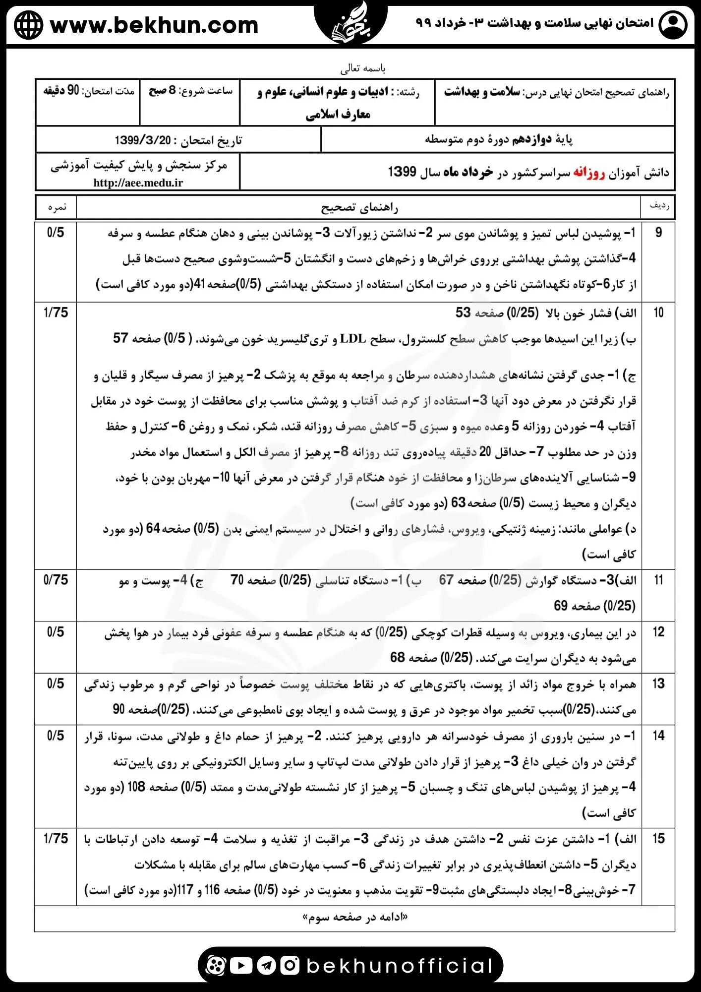 دانلود نمونه سوالات سلامت و بهداشت دوازدهم انسانی خرداد ۹۹ با جواب