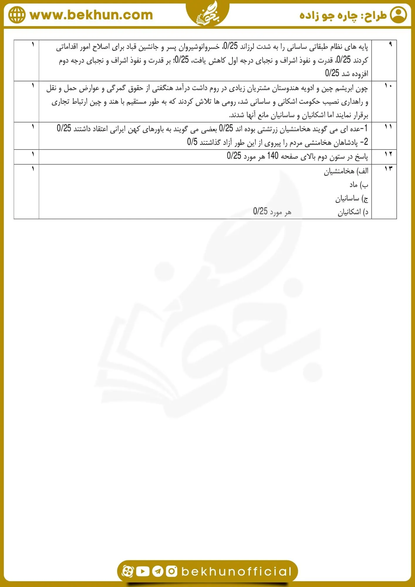 دانلود نمونه سوالات نوبت دوم تاریخ دهم انسانی با جواب