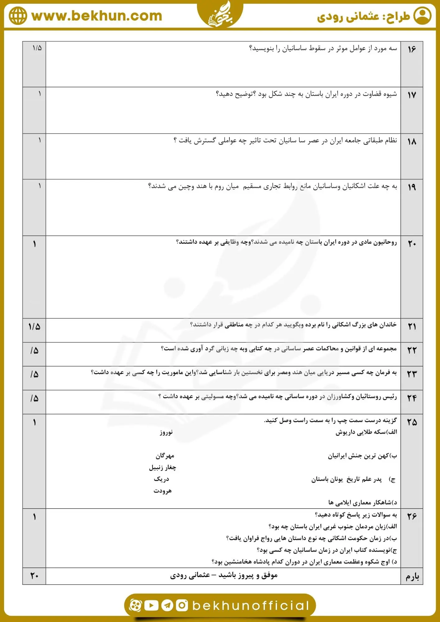 امتحان خرداد ماه تاریخ دهم انسانی