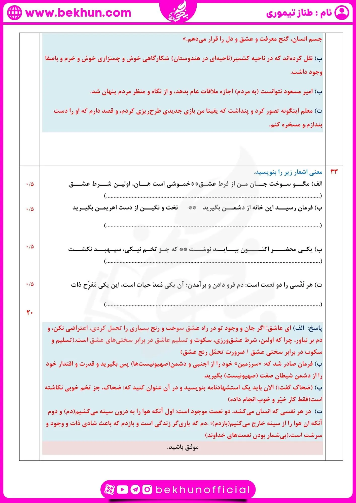 دانلود نمونه سوالات نوبت دوم ادبیات یازدهم با جواب طناز تیموری