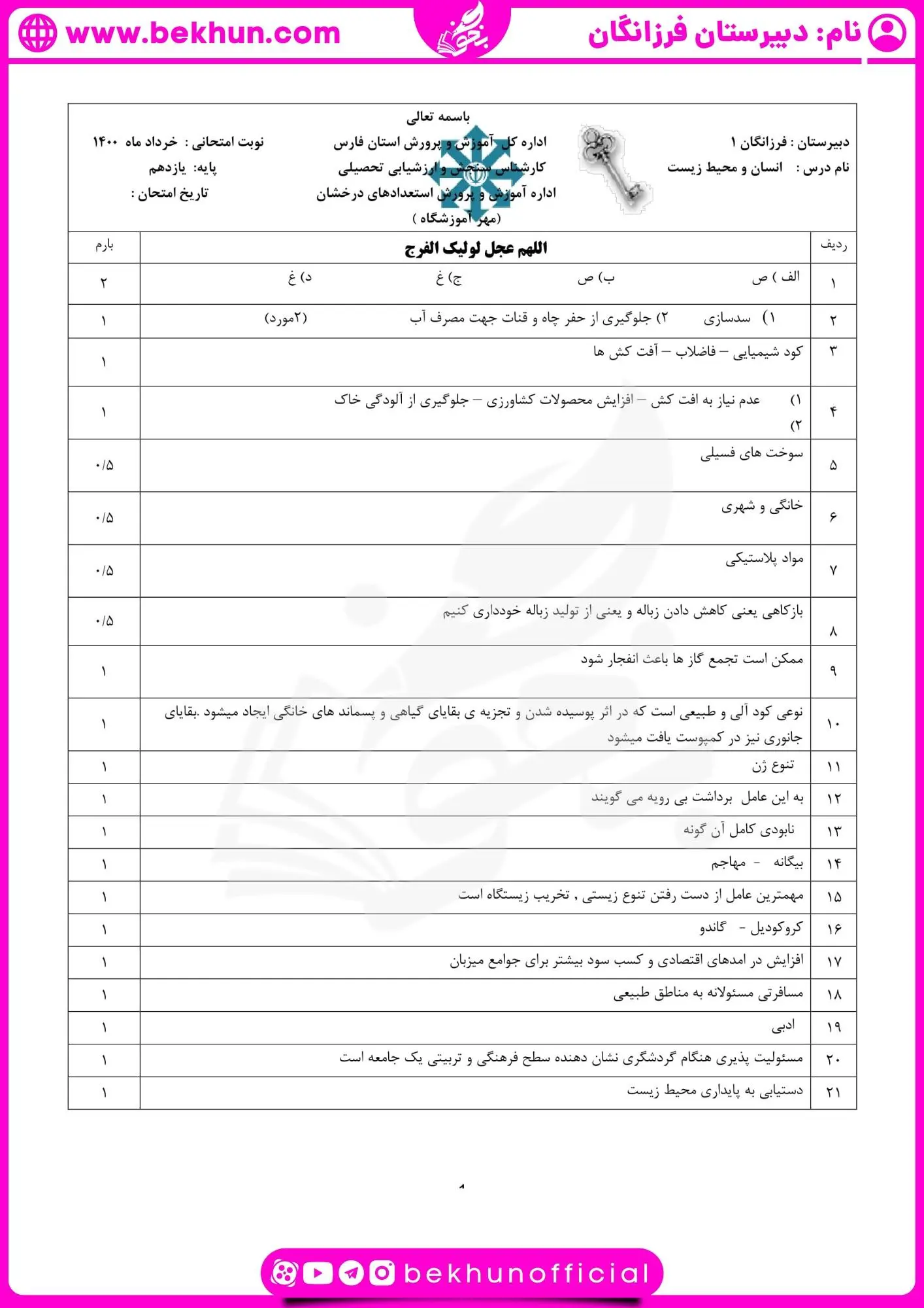 دانلود نمونه سوال انسان و محیط زیست یازدهم خرداد با جواب