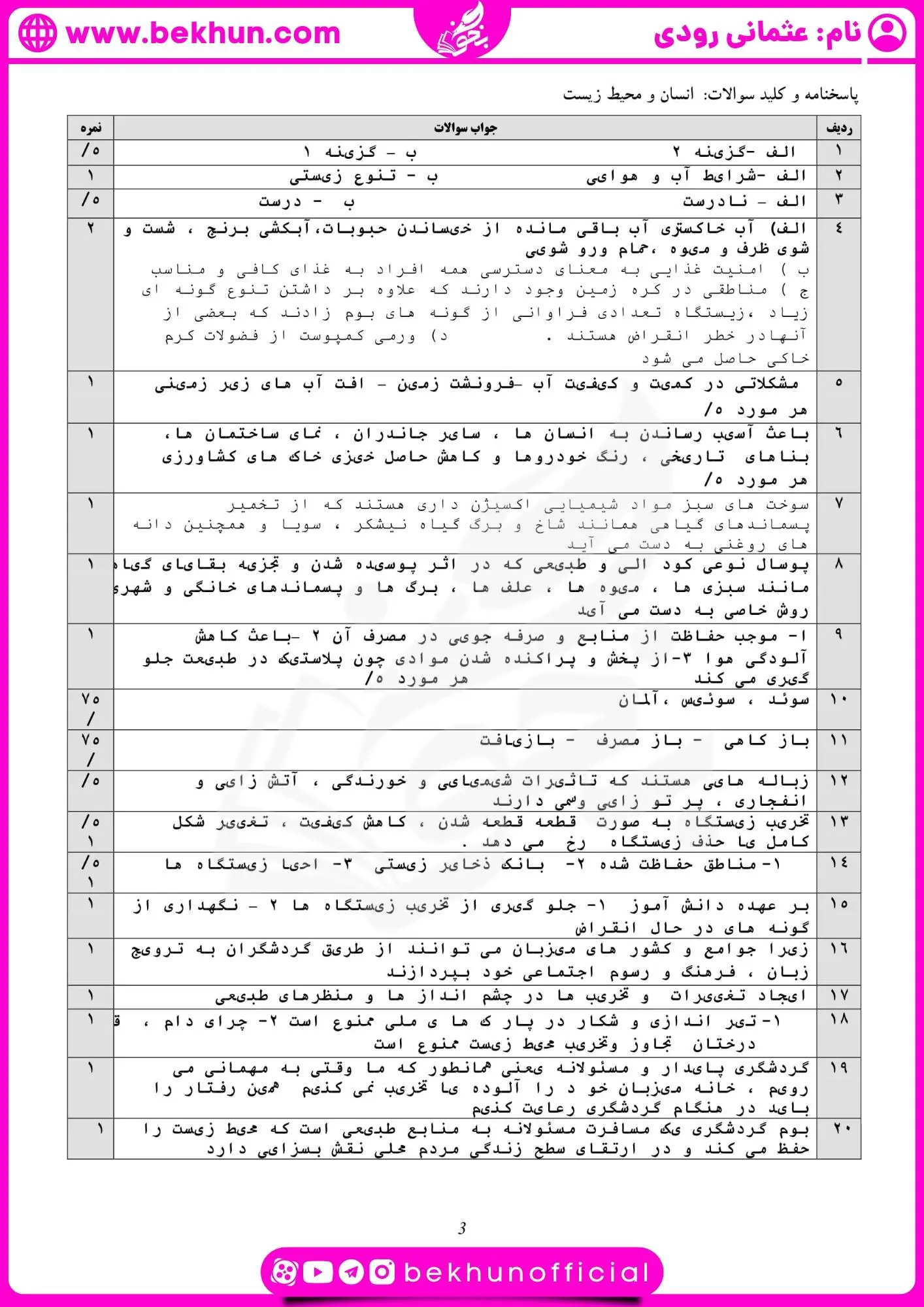 نمونه سوال خرداد ماه انسان و محیط زیست یازدهم