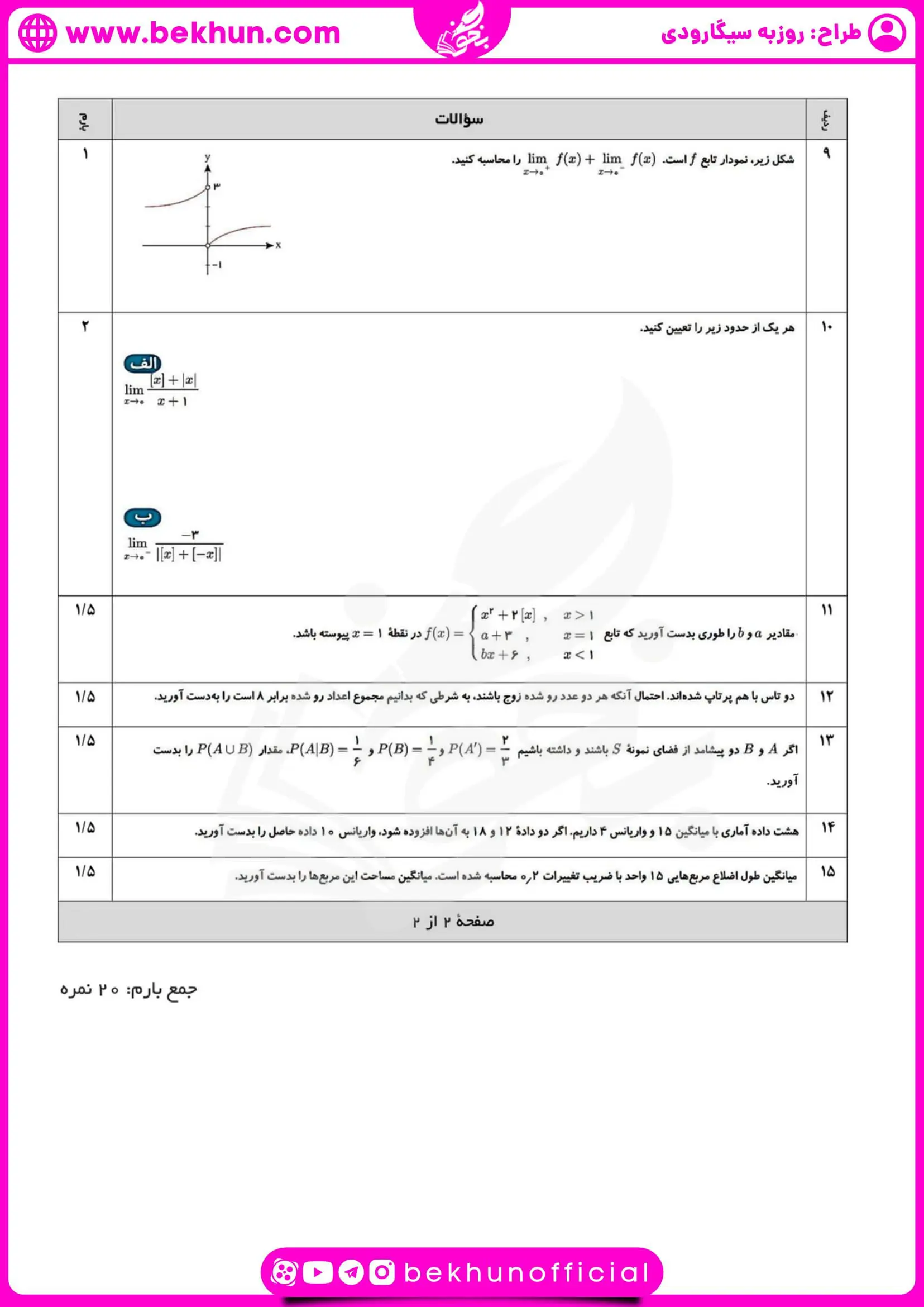 نمونه سوالات نوبت دوم ریاضی یازدهم تجربی با جواب