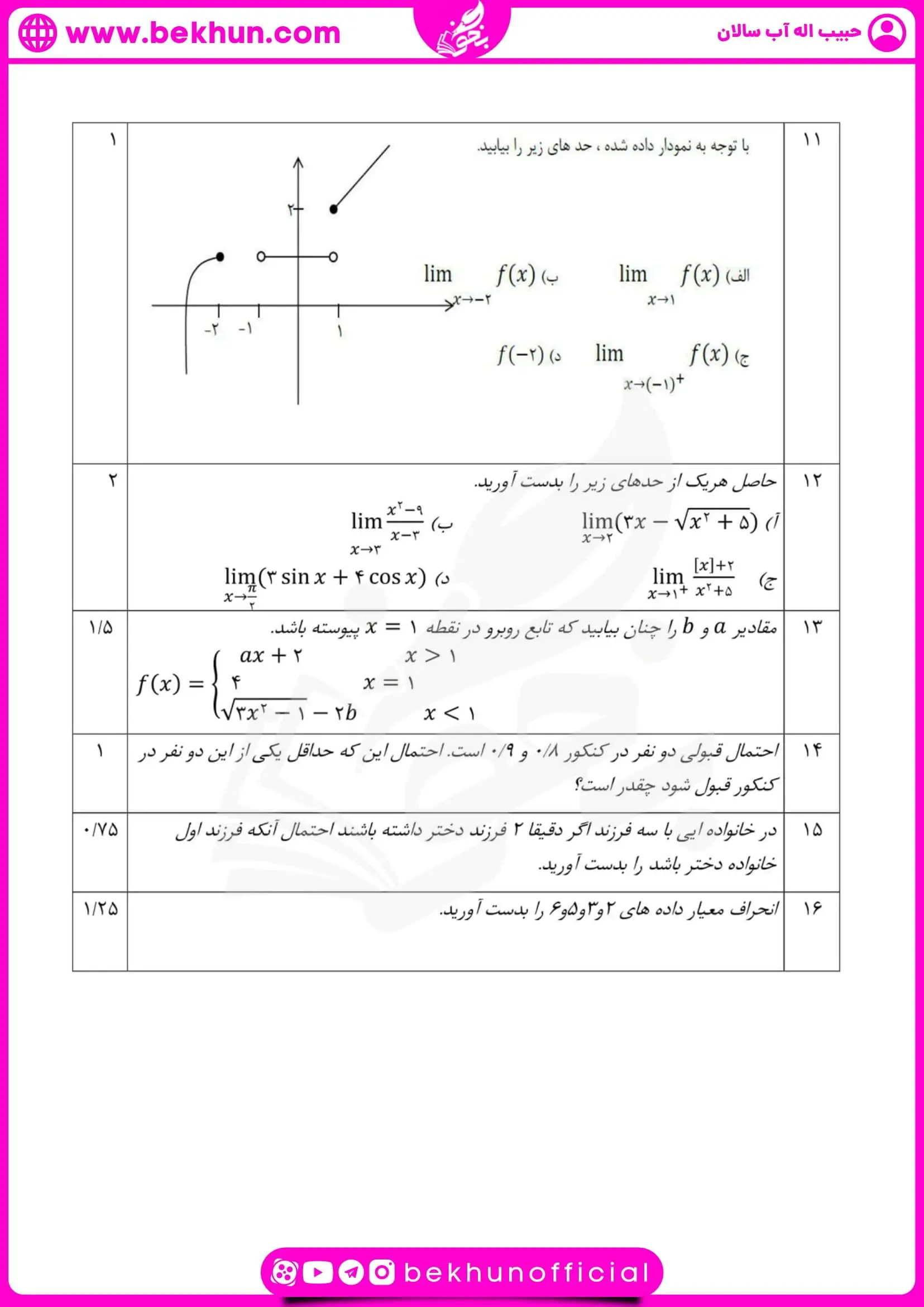 نمونه سوالات نوبت دوم ریاضی یازدهم تجربی 58 نمونه سوال امتحان خرداد ریاضی یازدهم تجربی