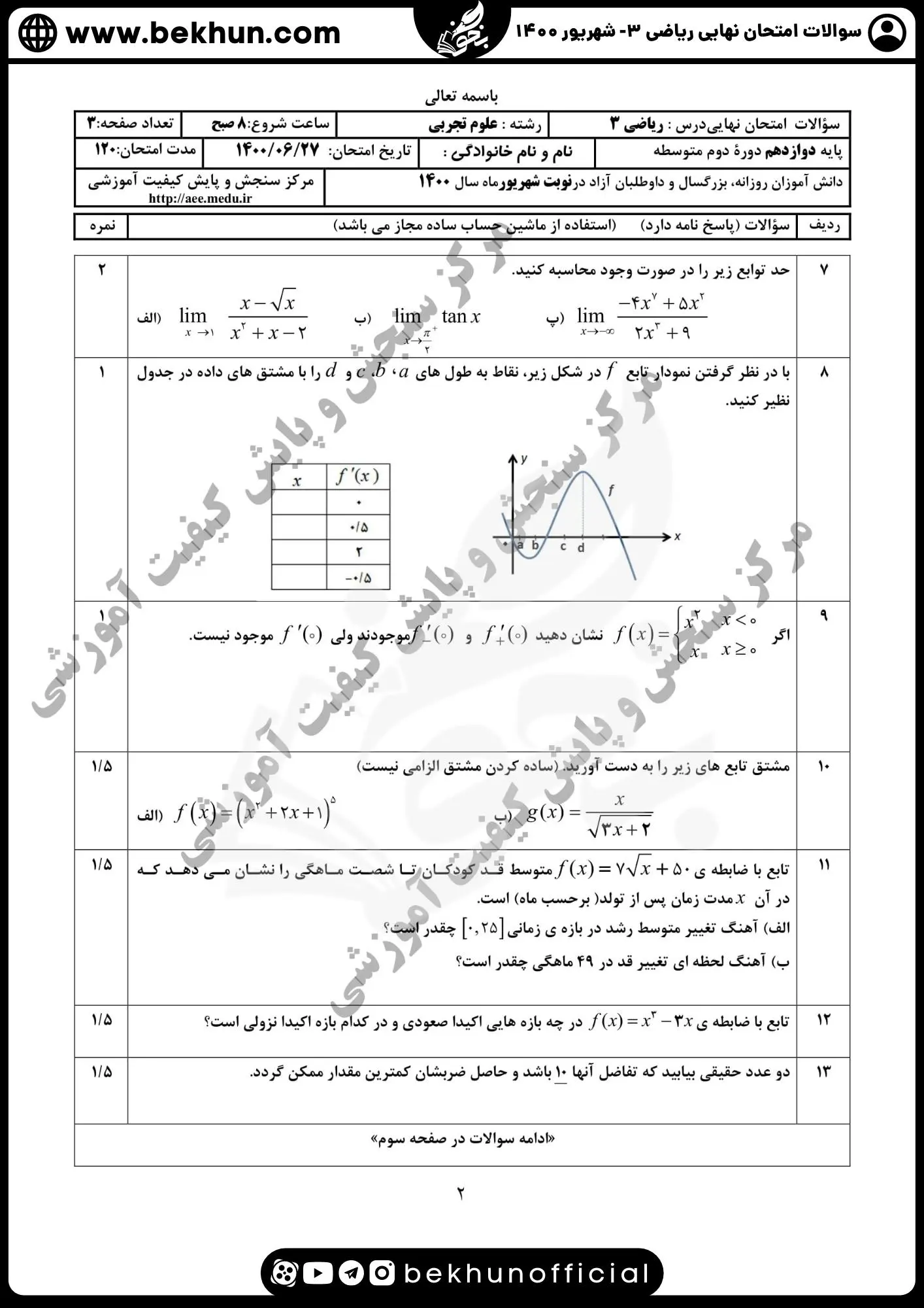 نمونه سوالات امتحان نهایی ریاضی دوازدهم تجربی با جواب 92 دانلود سوالات امتحان نهایی ریاضی تجربی دوازدهم شهریور 1400 با جواب
