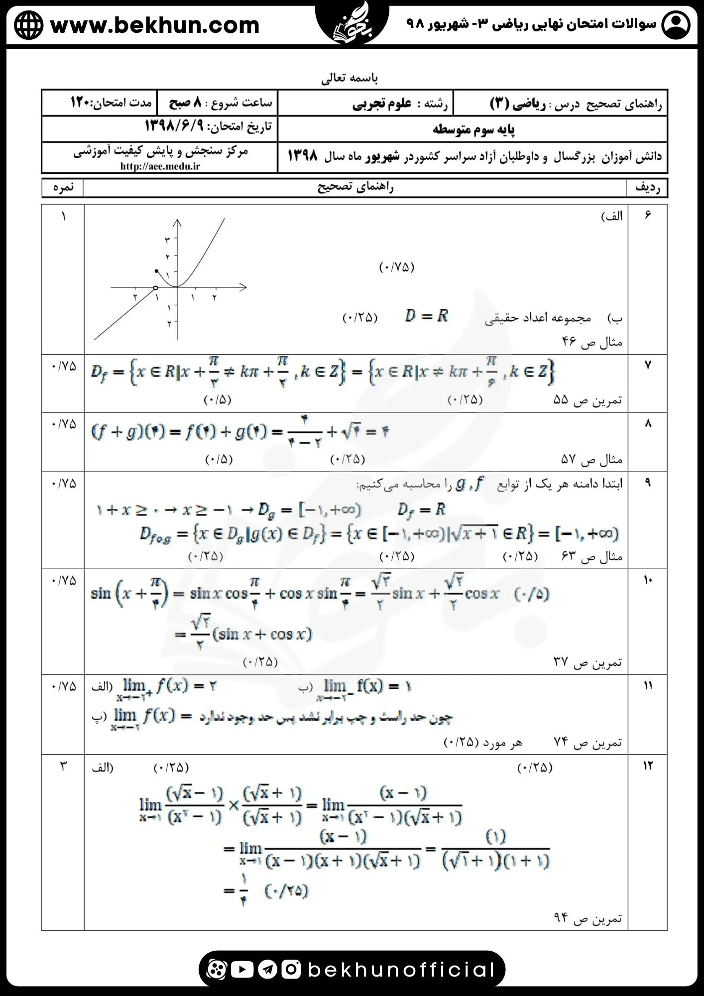 نمونه سوالات امتحان نهایی ریاضی دوازدهم تجربی با جواب 129 دانلود امتحان نهایی ریاضی 3 شهریور 98 همراه پاسخ