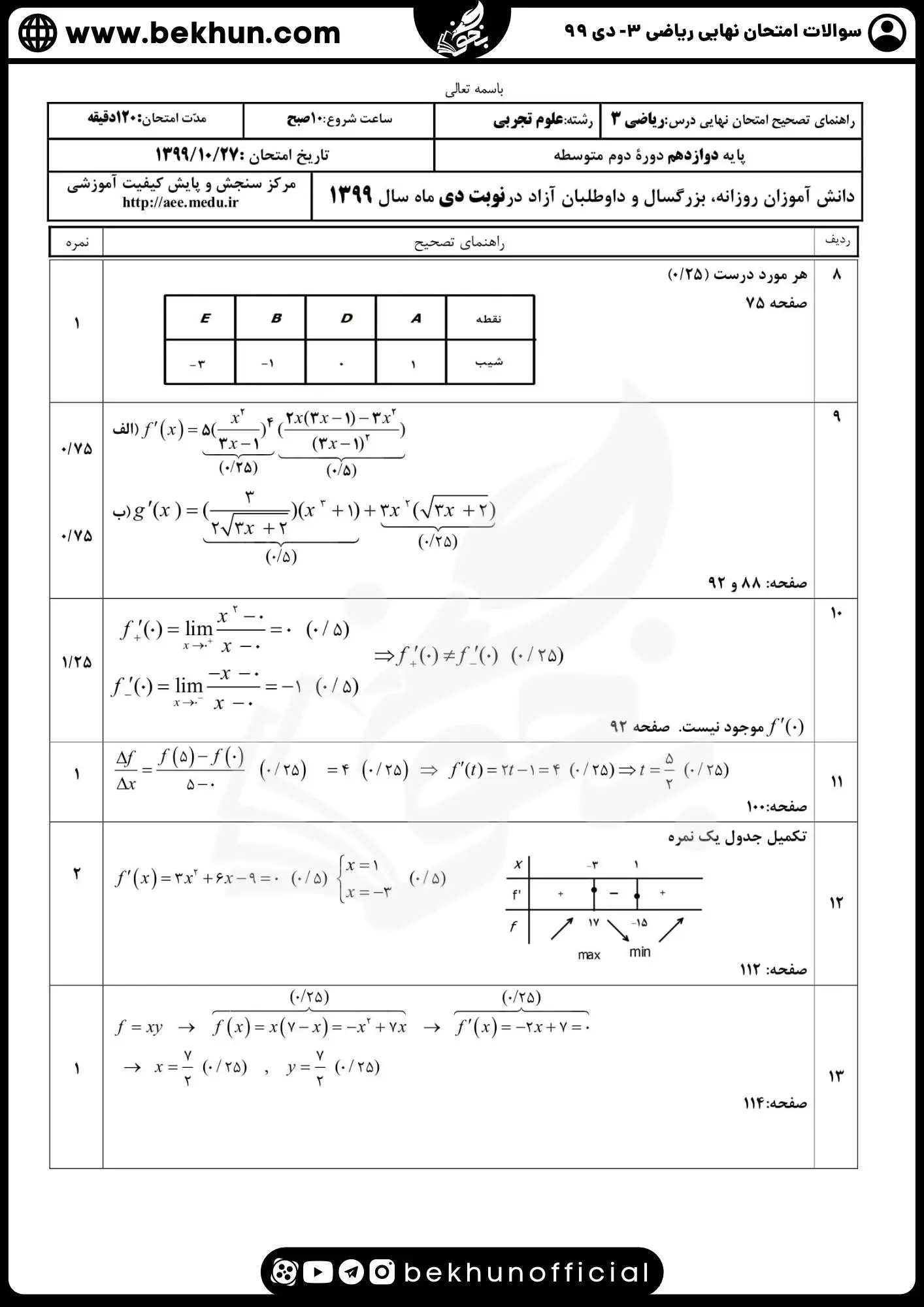 نمونه سوالات امتحان نهایی ریاضی دوازدهم تجربی با جواب 118 دانلود سوالات امتحان نهایی ریاضی دوازدهم تجربی دی ماه 99