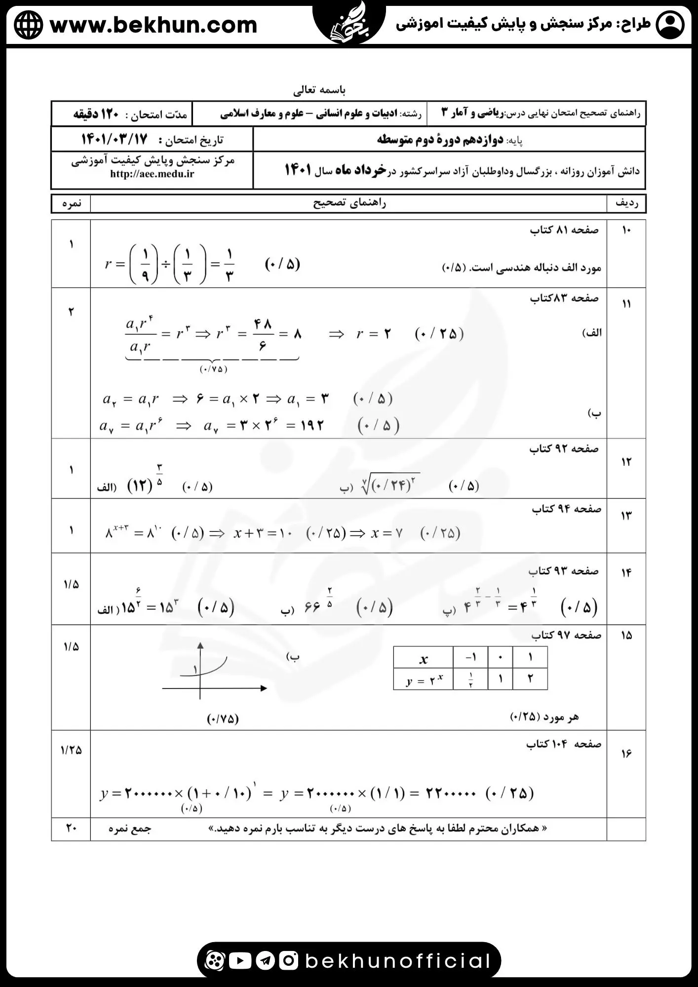 جواب نمونه سوال ریاضی دوازدهم خرداد 1401