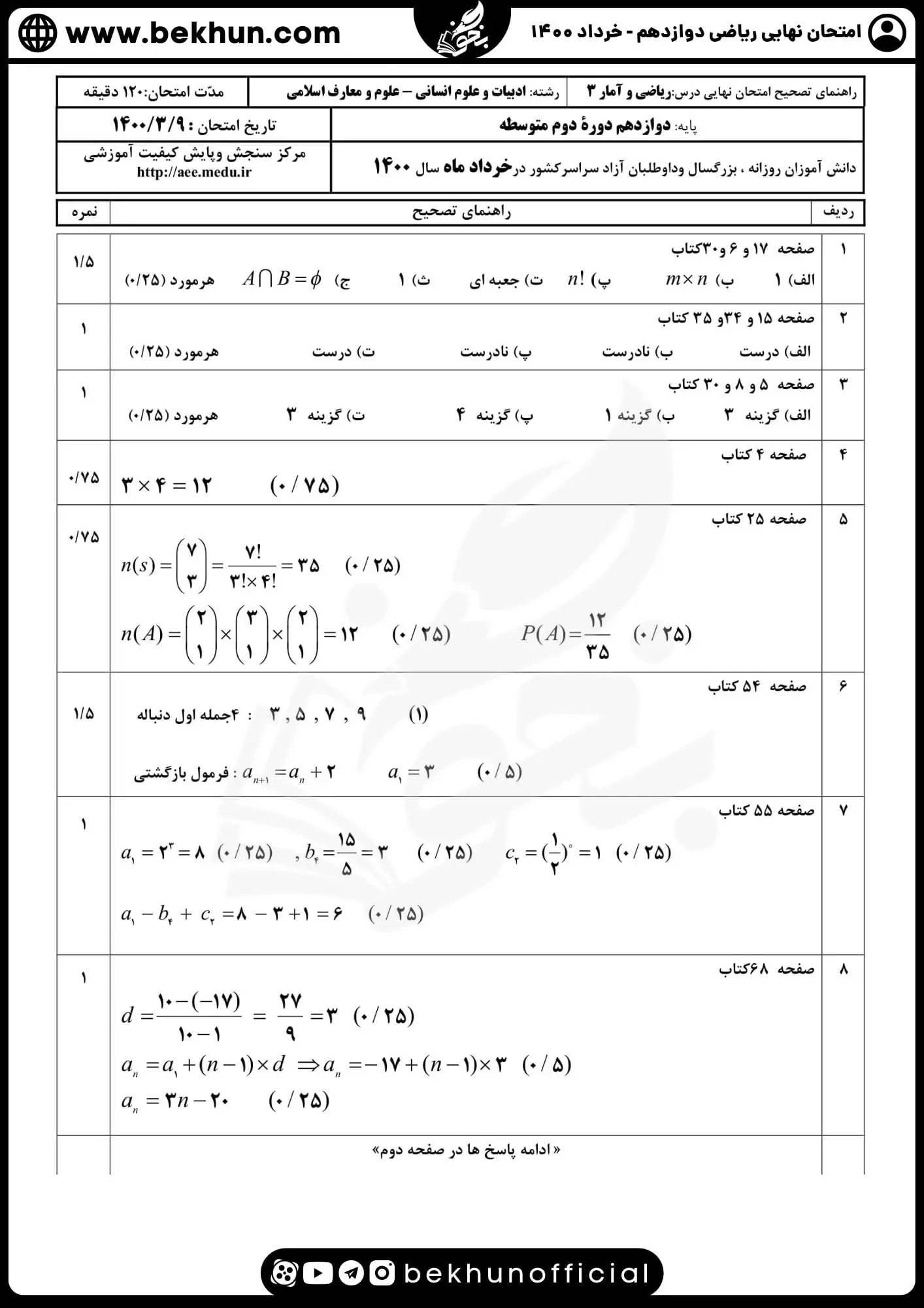 دانلود سوالات ریاضی دوازدهم انسانی خرداد 1400 با پاسخ