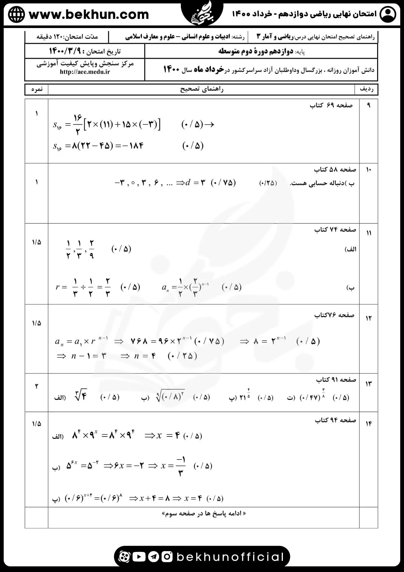 دانلود سوالات امتحان ریاضی دوازدهم انسانی خرداد 1400 با پاسخ