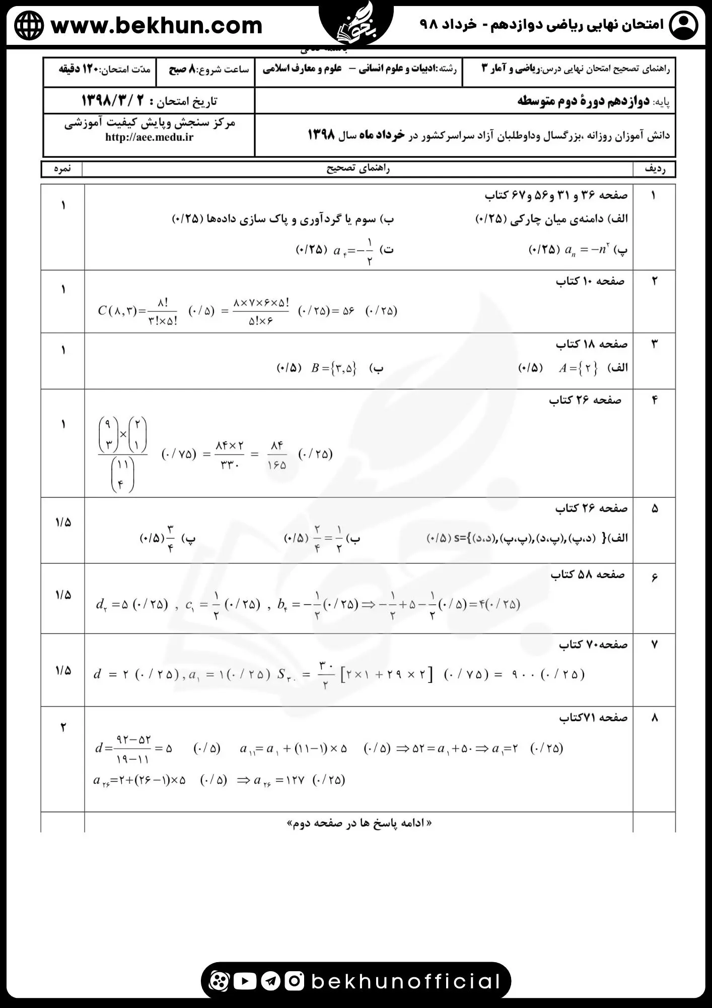 دانلود سوالات ریاضی و آمار دوازدهم انسانی خرداد 98 با جواب