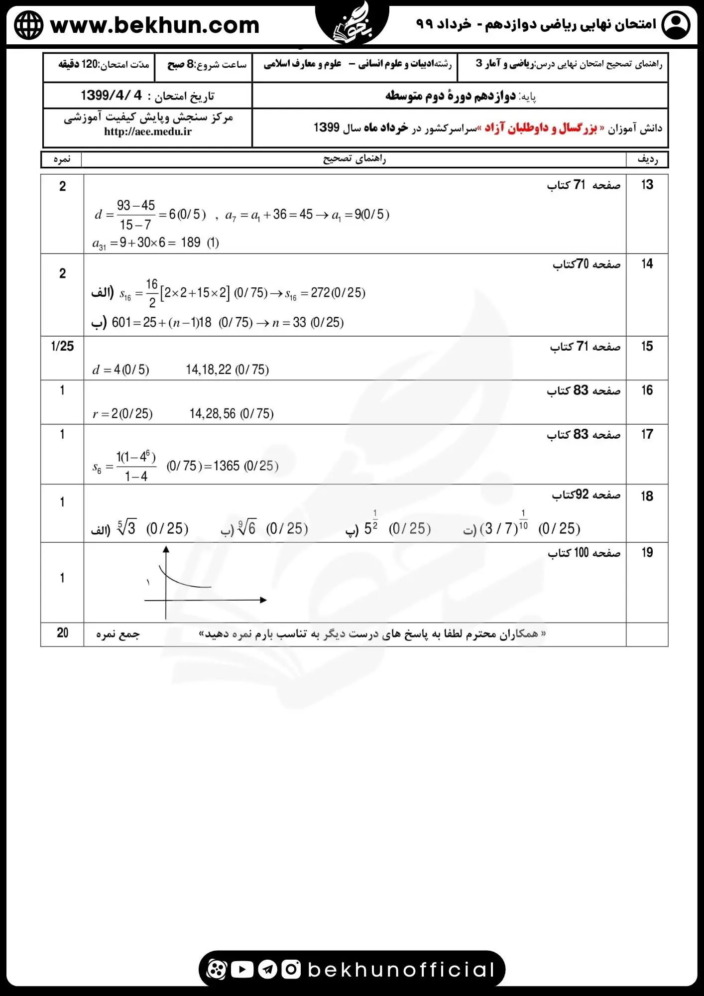 جواب سوالات ریاضی دوازدهم انسانی خرداد ماه ۹۹