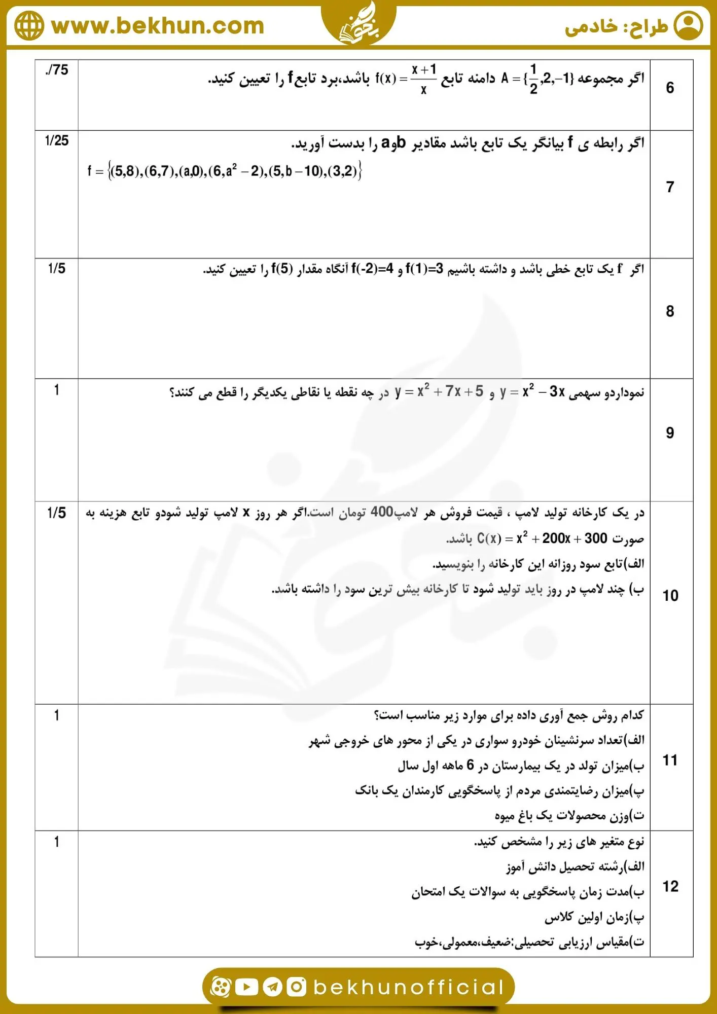 نمونه سوال نوبت دوم ریاضی دهم انسانی