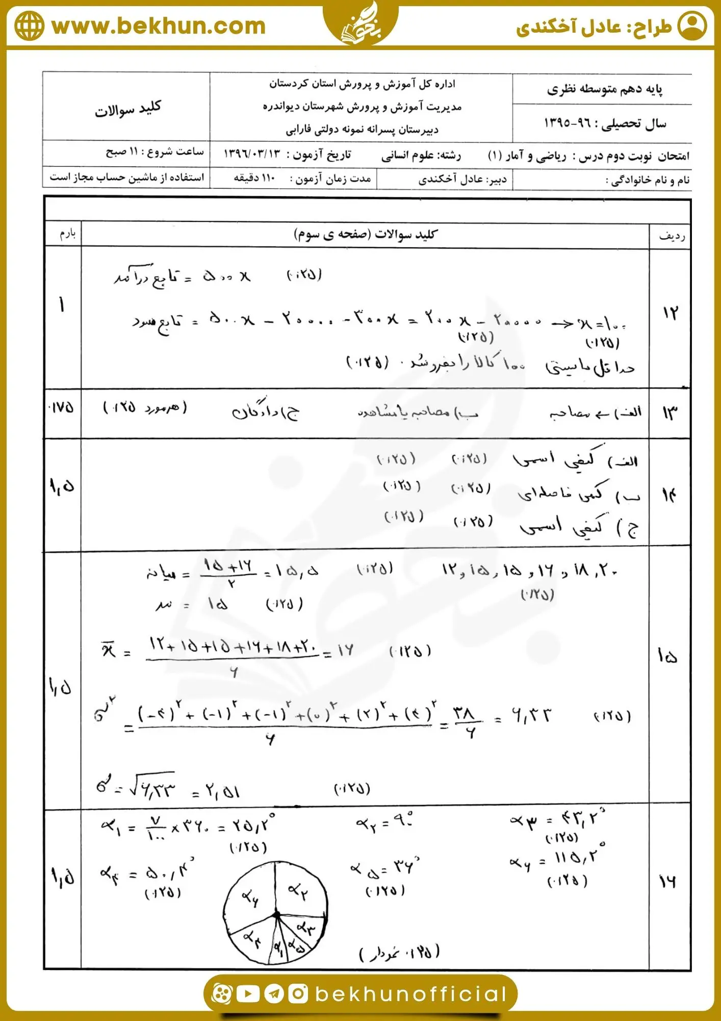 امتحان ریاضی دهم انسانی خرداد