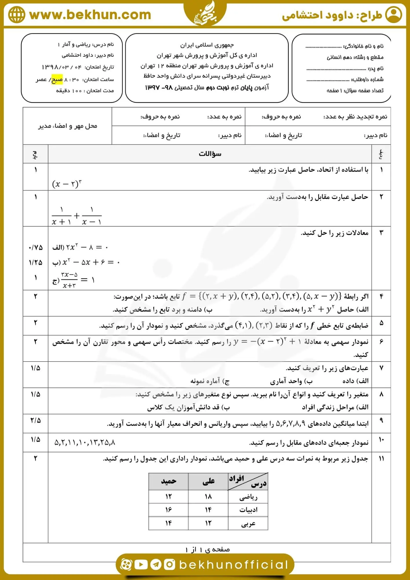 دانلود نمونه سوال ریاضی دهم انسانی نوبت دوم 