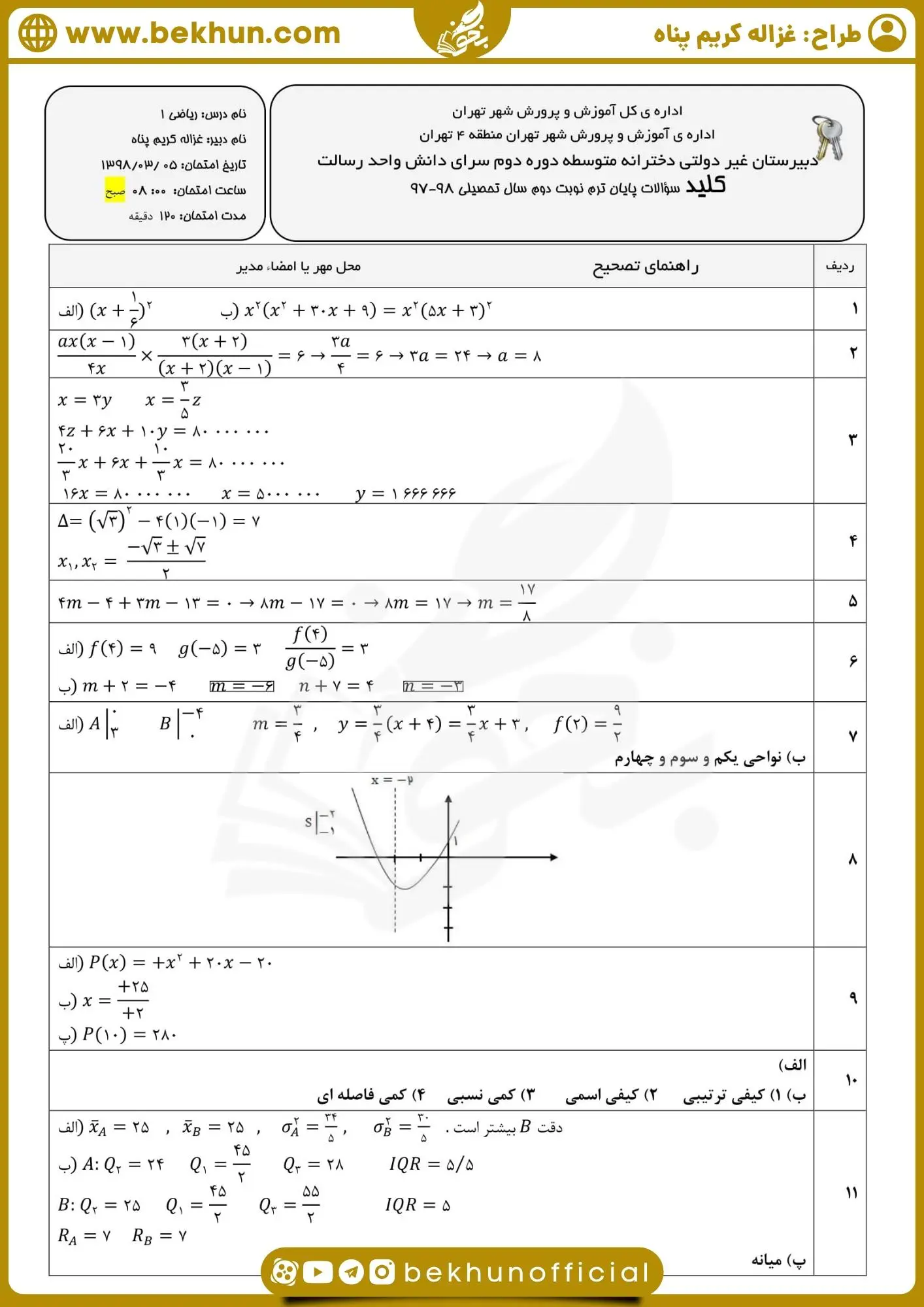 دانلود امتحان ریاضی دهم انسانی خرداد با جواب