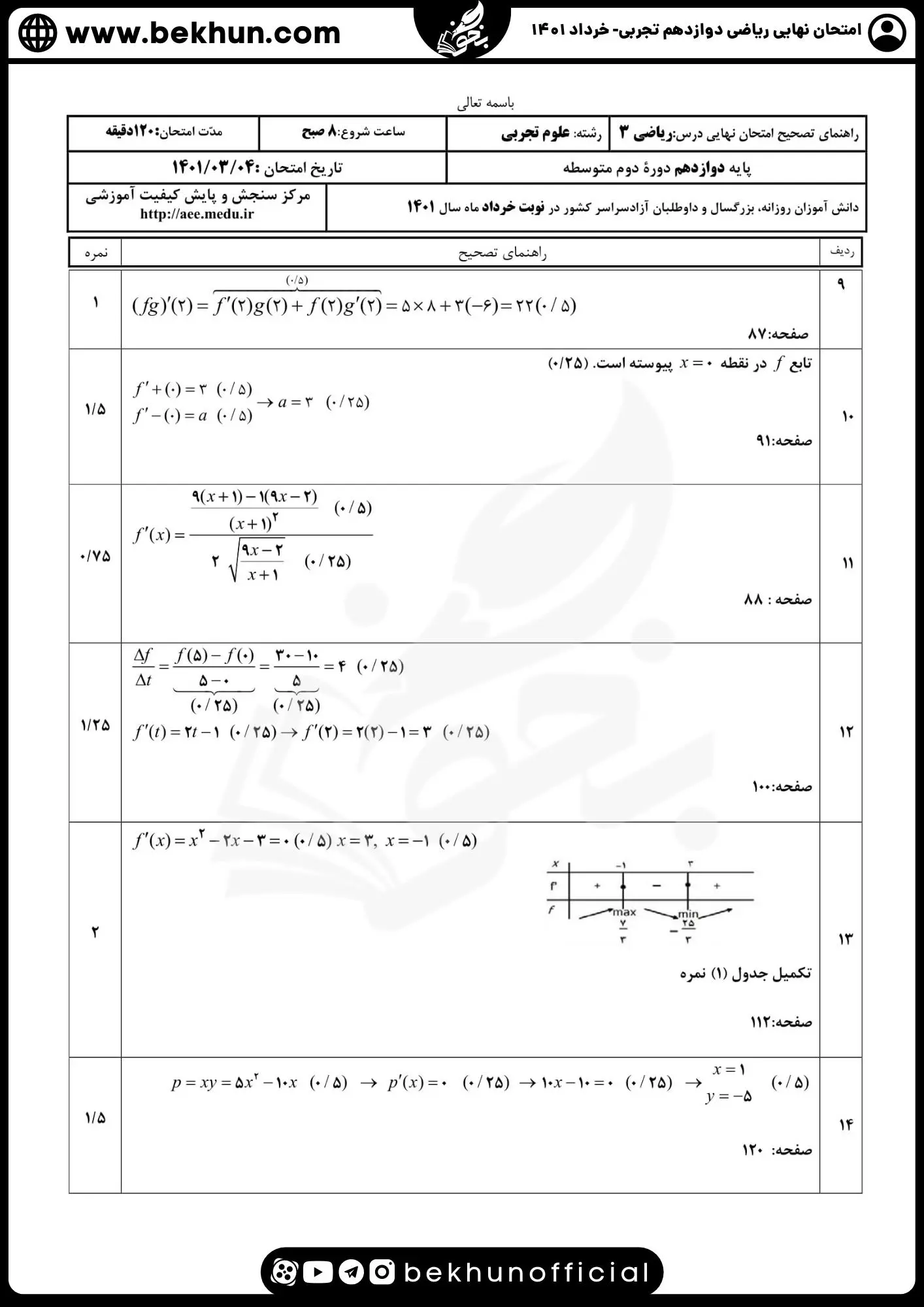 نمونه سوالات امتحان نهایی ریاضی دوازدهم تجربی با جواب 83 جواب نمونه سوال ریاضی دوازدهم تجربی خرداد 1401
