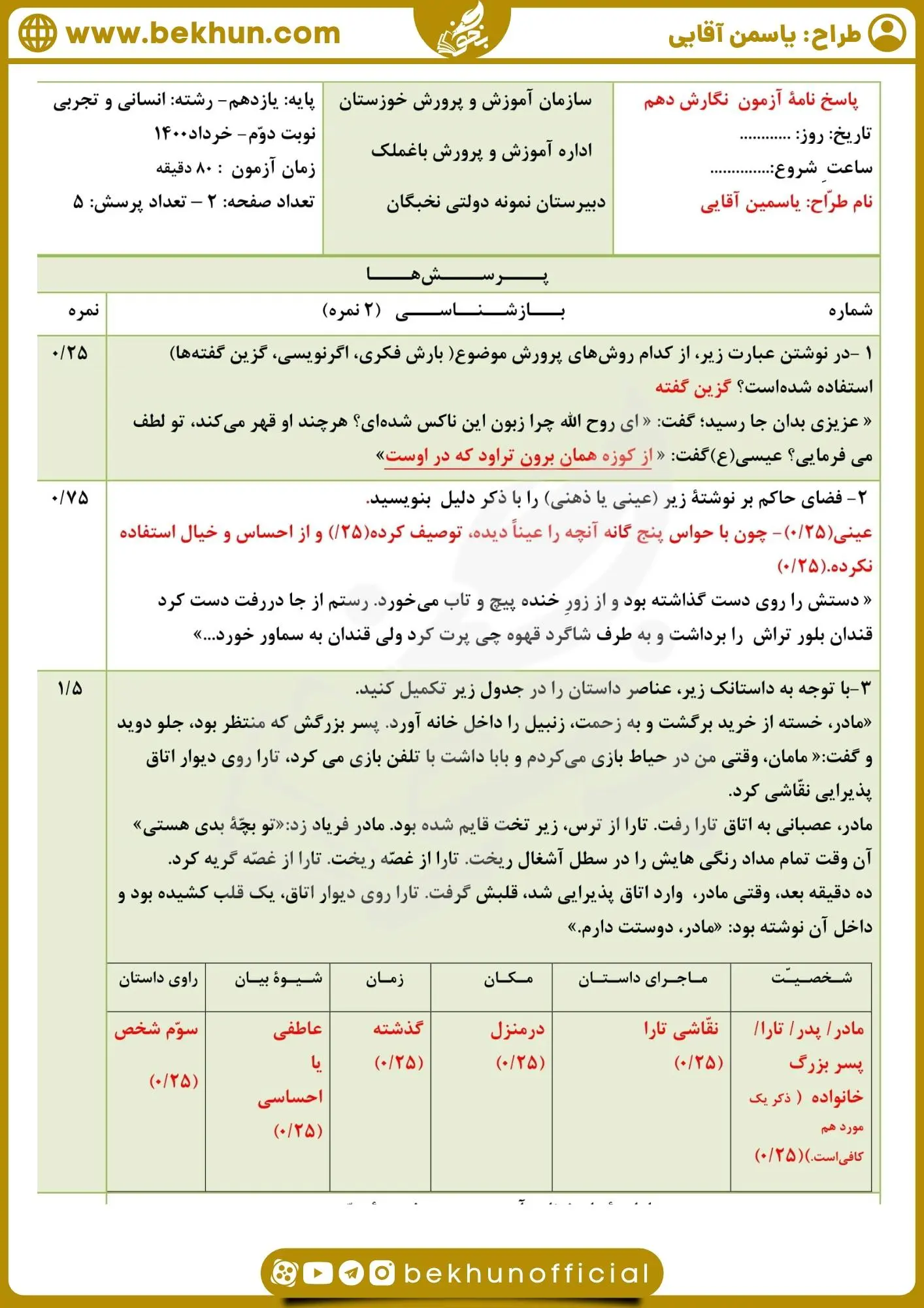 نمونه سوال نگارش دهم تجربی نوبت دوم