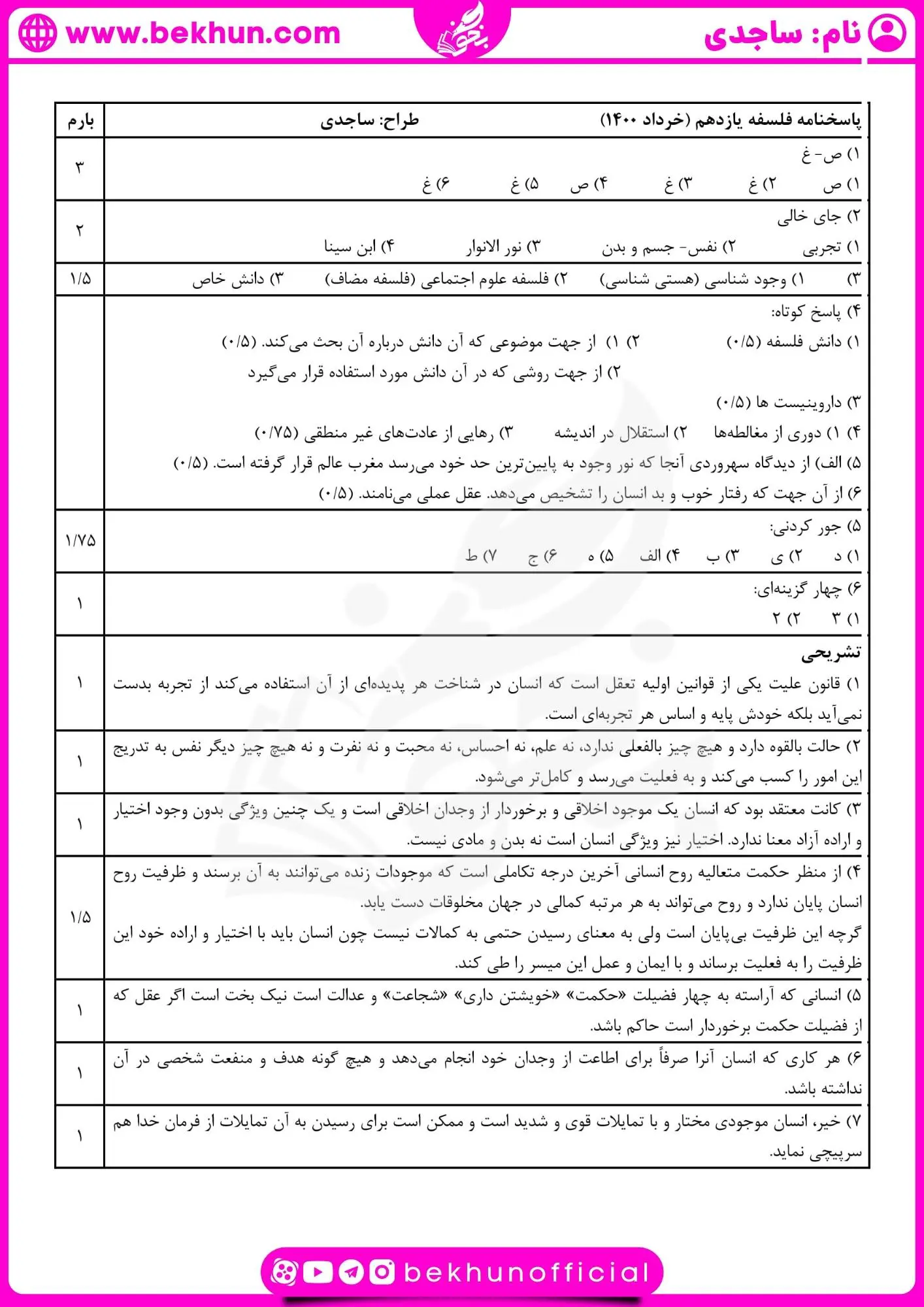 دانلود نمونه سوال فلسفه یازدهم خرداد