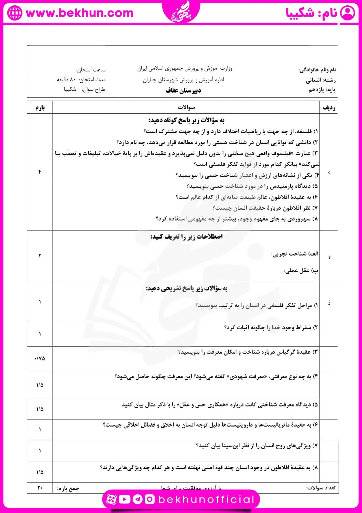 امتحان خرداد ماه فلسفه یازدهم