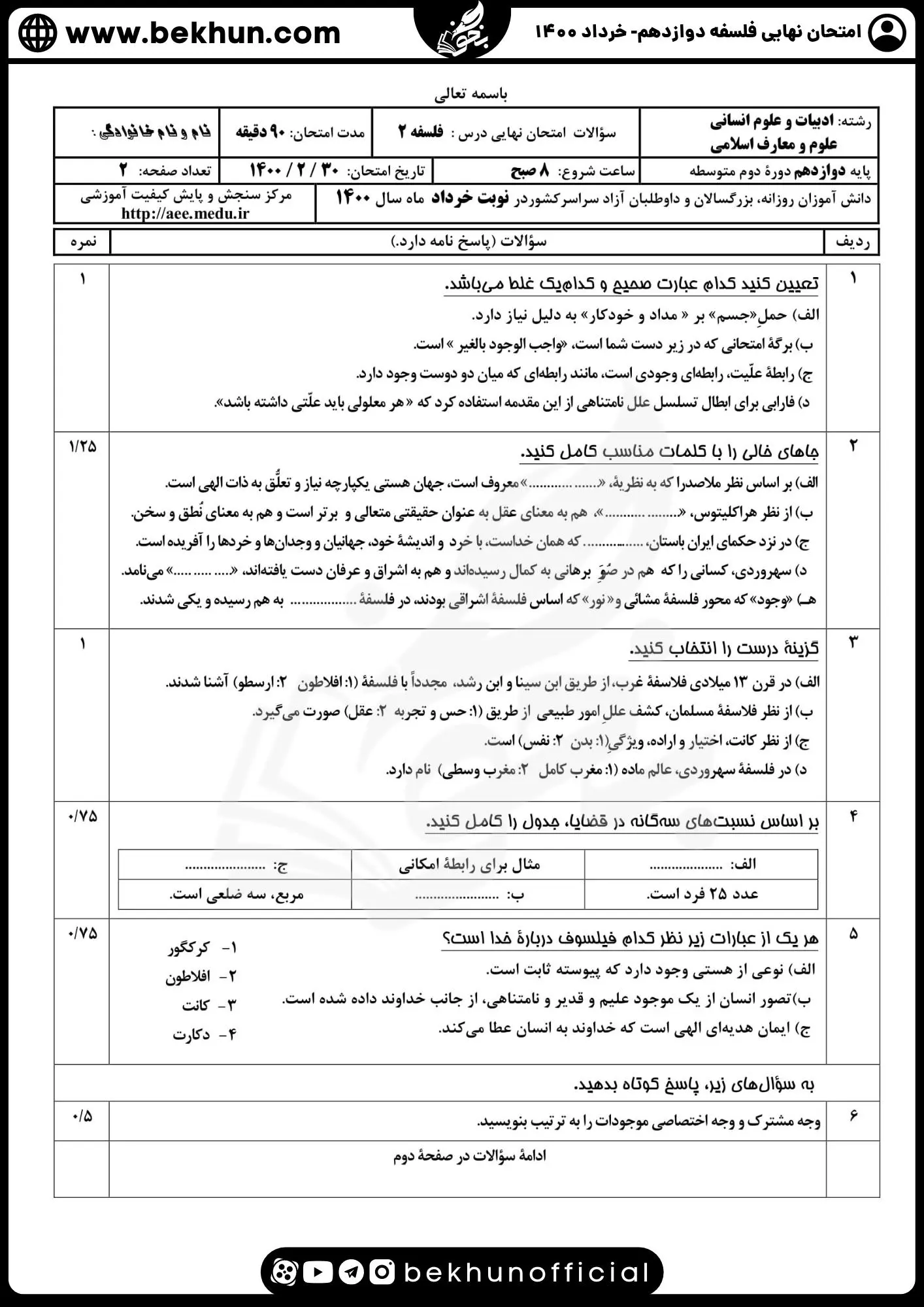 نمونه سوال فلسفه دوازدهم نهایی با جواب 97 نمونه سوال فلسفه دوازدهم خرداد ۱۴۰۰ با جواب