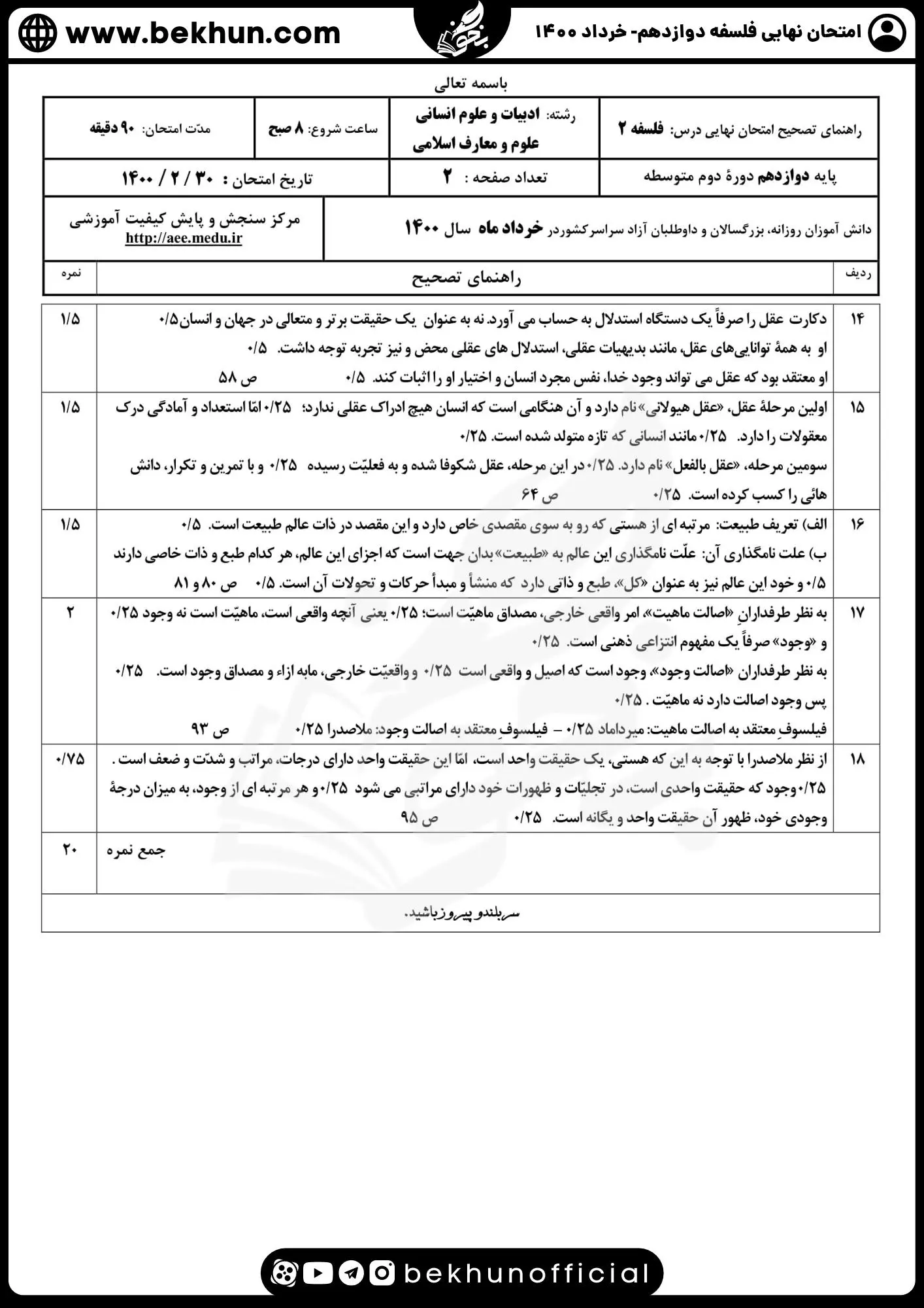 نمونه سوال فلسفه دوازدهم نهایی با جواب 100 دانلود جواب نمونه سوالات نهایی فلسفه دوازدهم انسانی خرداد ماه 1400
