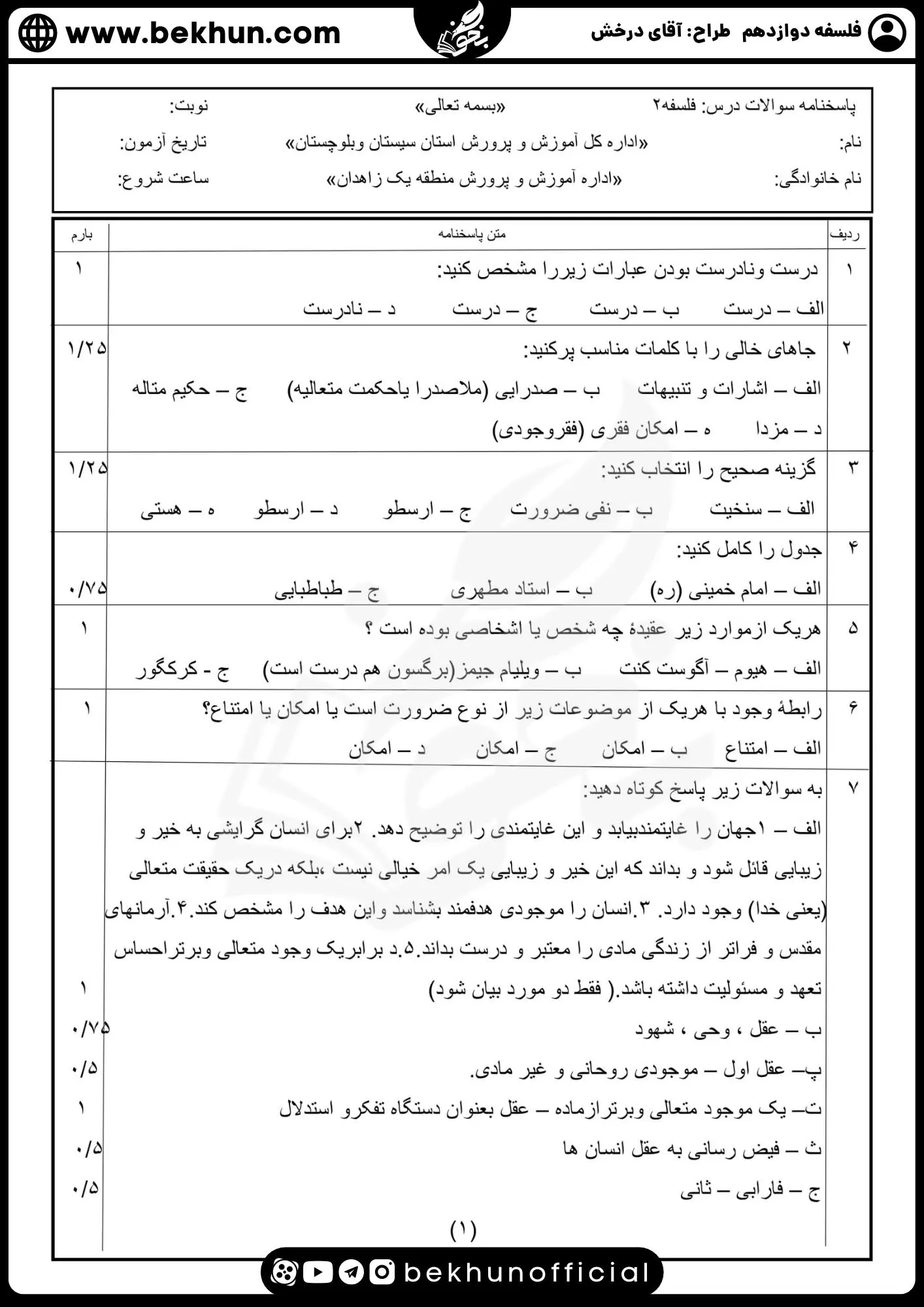 نمونه سوال فلسفه دوازدهم نهایی با جواب 75 دانلود نمونه سوالات شبه نهایی فلسفه دوازدهم با پاسخ