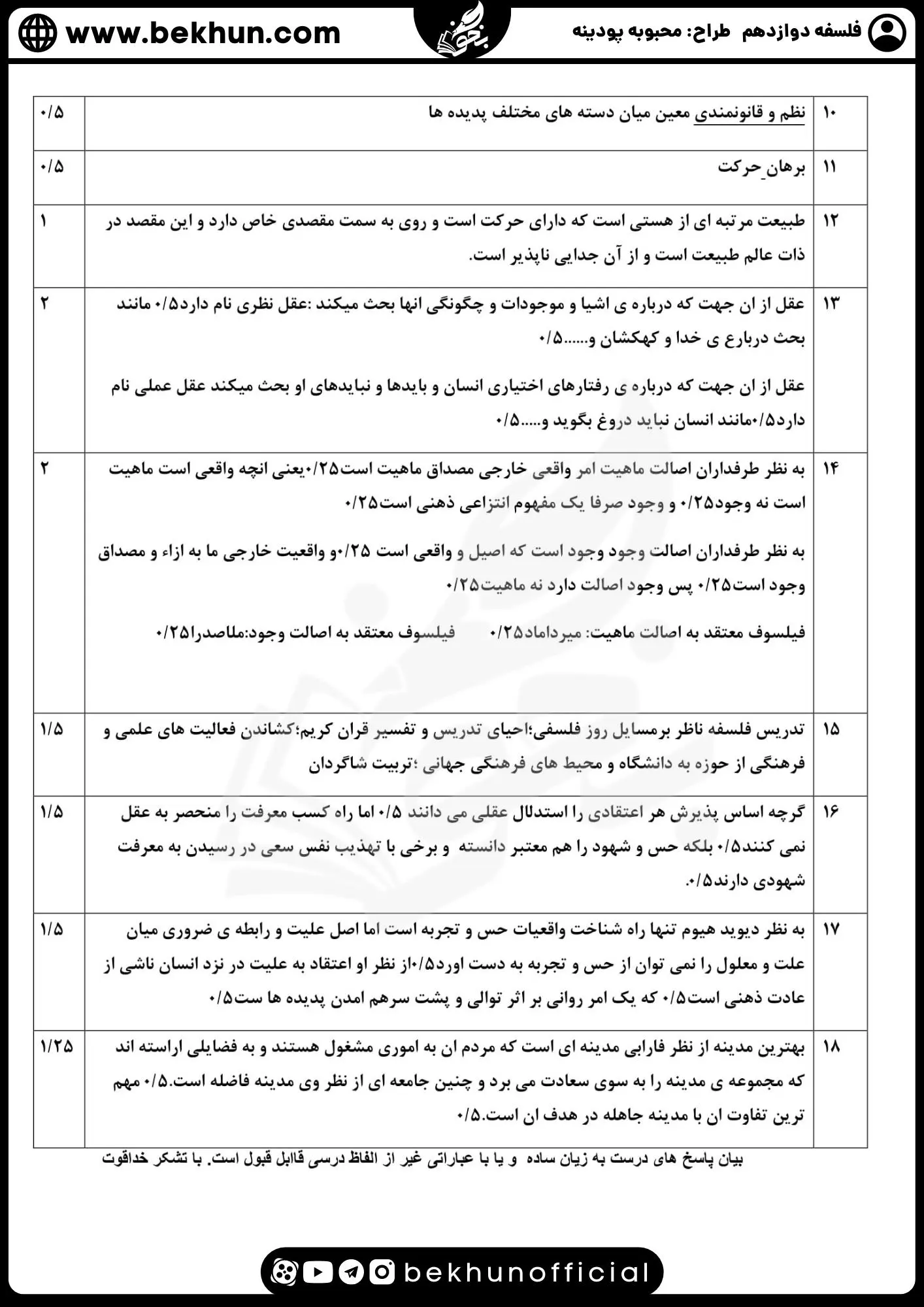 نمونه سوال فلسفه دوازدهم نهایی با جواب 86 دانلود جواب نمونه سوال امتحان نهایی فلسفه دوازدهم محبوبه پودینه