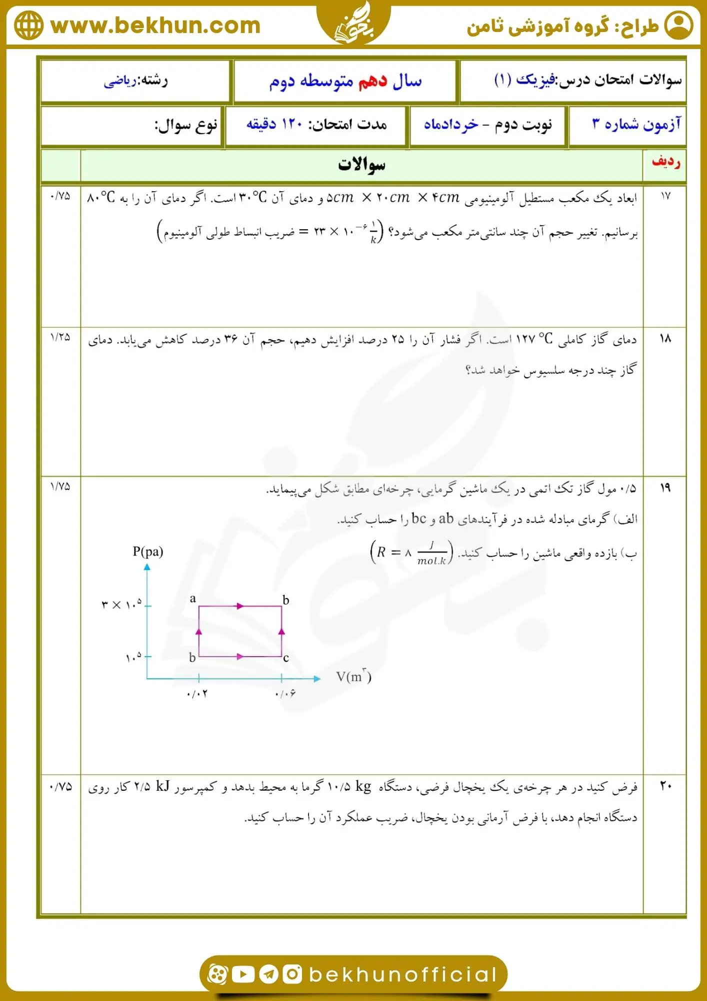 سوالات نوبت دوم فیزیک دهم ریاضی با پاسخ