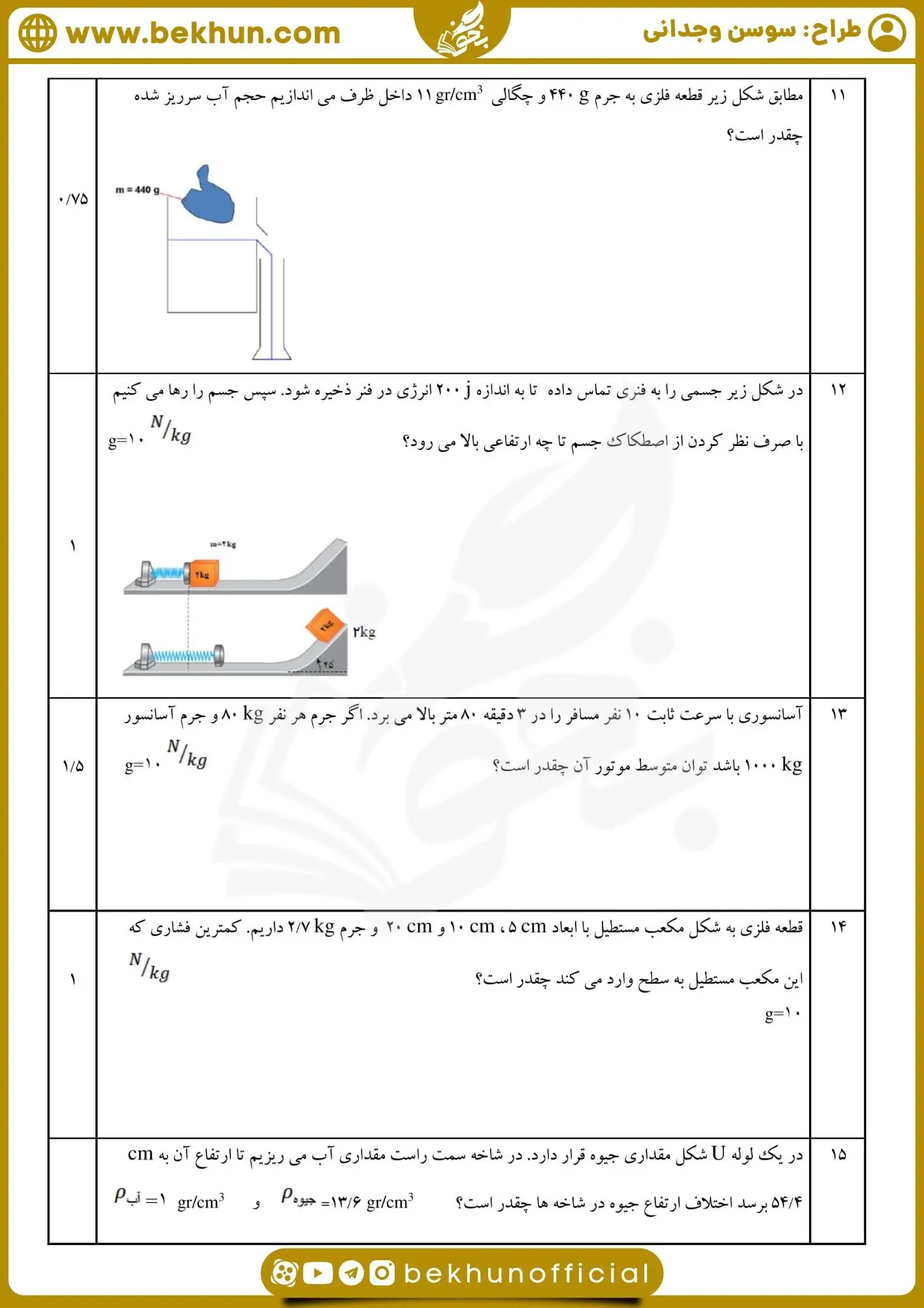 نمونه سوال فیزیک دهم شهریور با جواب