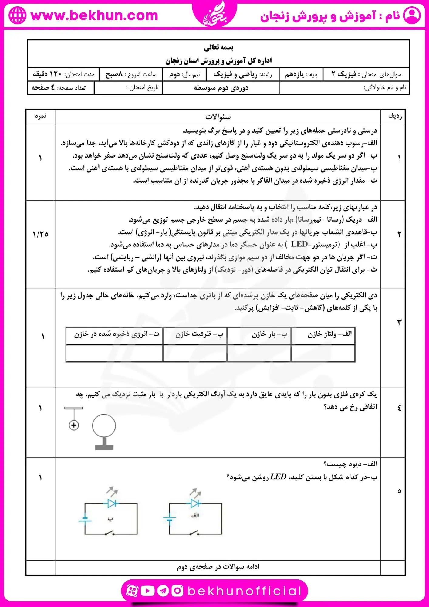 نمونه سوالات فیزیک یازدهم ریاضی شهریوربا جواب