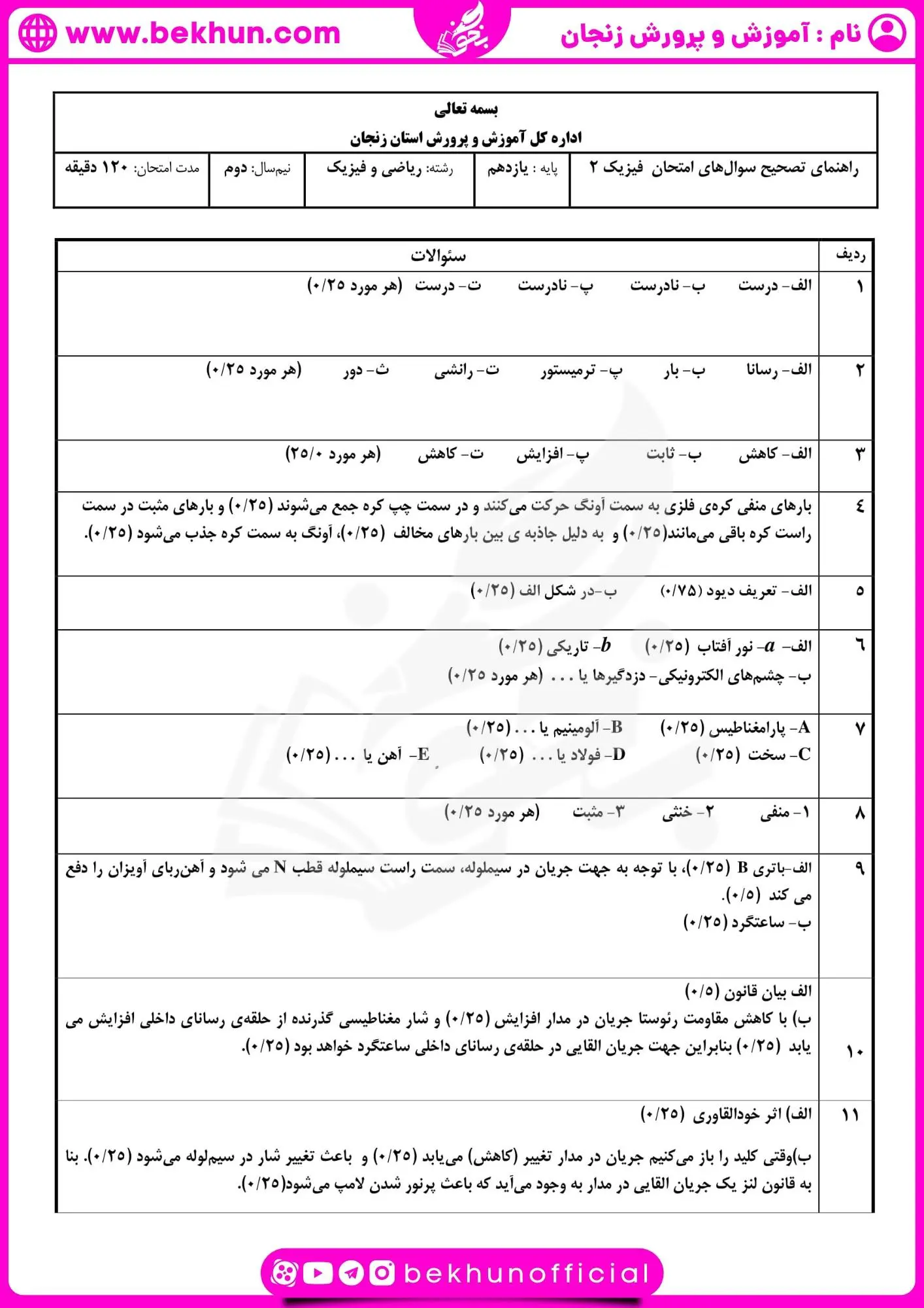 دانلود نمونه سوال فیزیک یازدهم ریاضی شهریوربا جواب